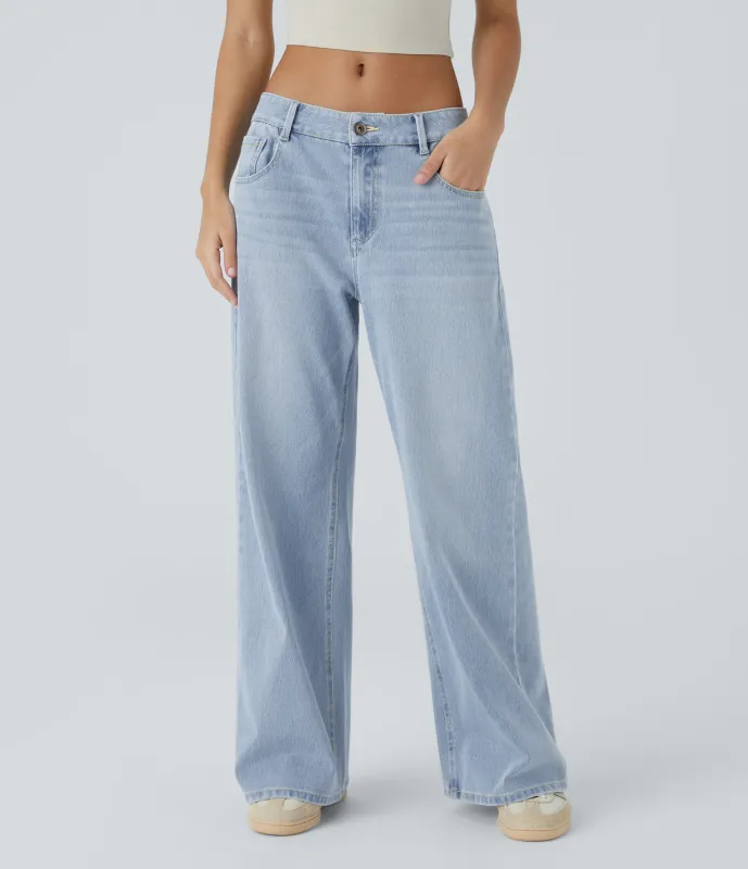 Halara Jeans Baggy Halara Flex™ Denim tiro bajo botón cremallera múltiple bolsillo elástico lavado holgado pierna ancha - Light Azure Denim - L(petite) made by Halara