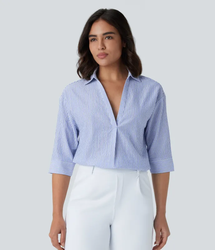 Halara Blusa oficina raya dobladillo curvo media manga - Sky Blue Striped Denim - M made by Halara