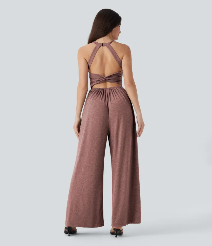 Halara Mono casual ancho con sujetador incorporado, espalda descubierta y bolsillos (edición Easy Peezy) - Brick Red Mix - L(regular) made by Halara