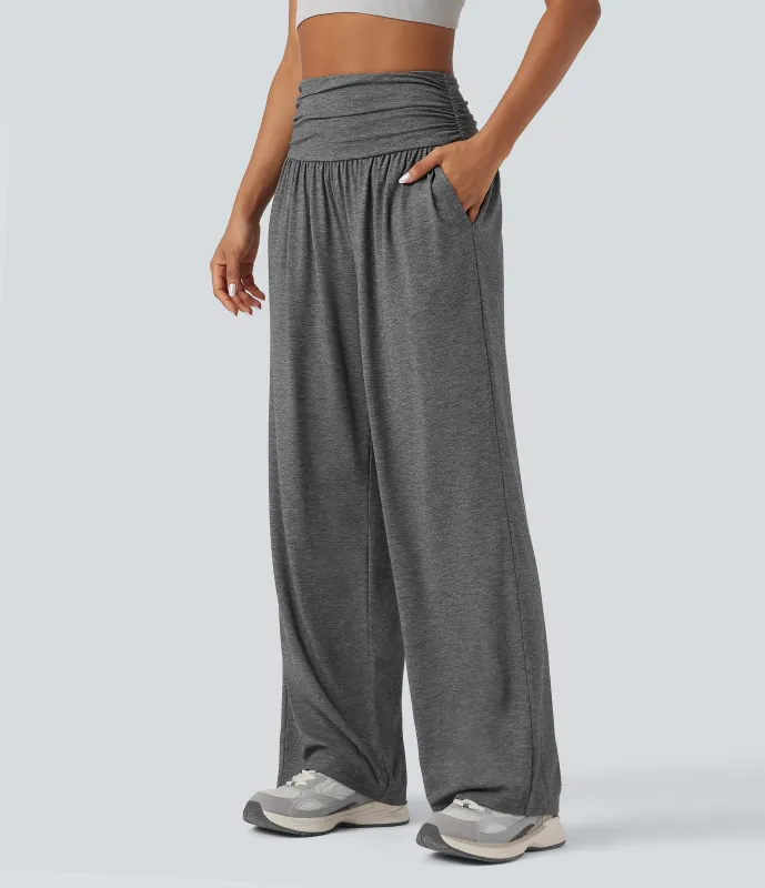 Halara Pantalones holgados de yoga de tiro alto con fruncido y bolsillos - Darl Gray Floral Yarn - L(regular) made by Halara