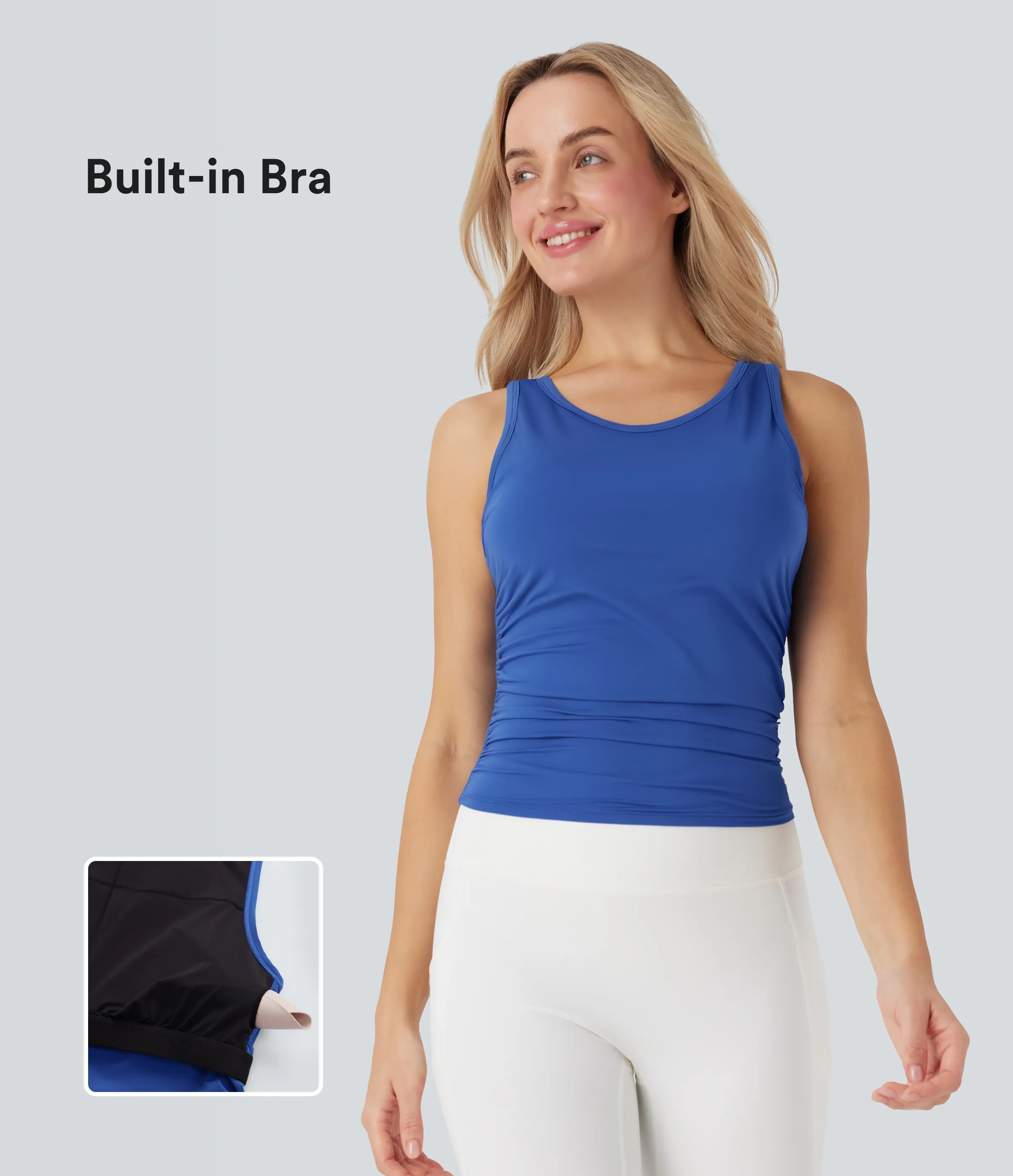 Halara Top de yoga de tacto fresco con cuello redondo espalda cruzada, fruncido y sujetador incorporado - Beaucoup Blue - L sold by Halara product image thumbnail 2