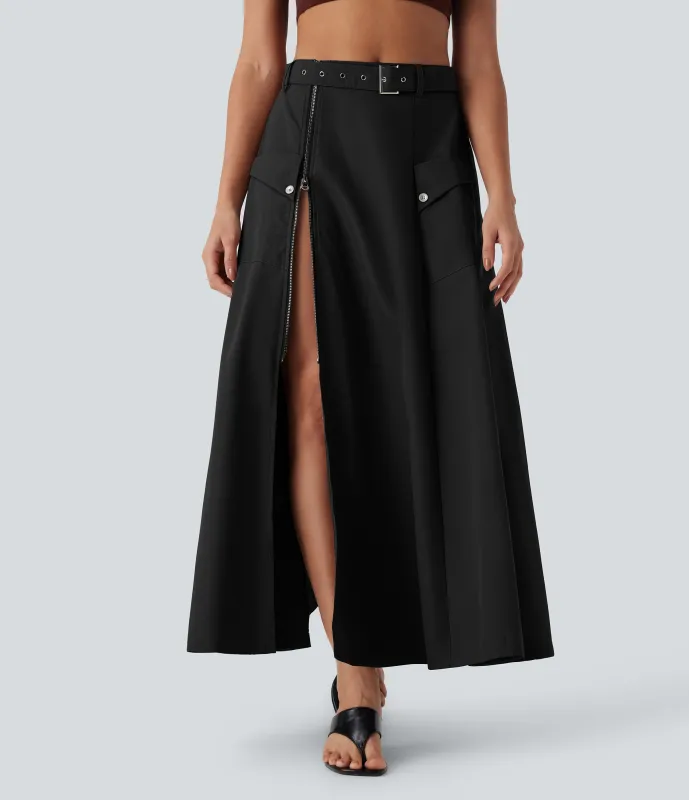Halara Falda maxi casual de tiro medio con cinturón, cremallera y bolsillos laterales - Black - XL(regular) made by Halara