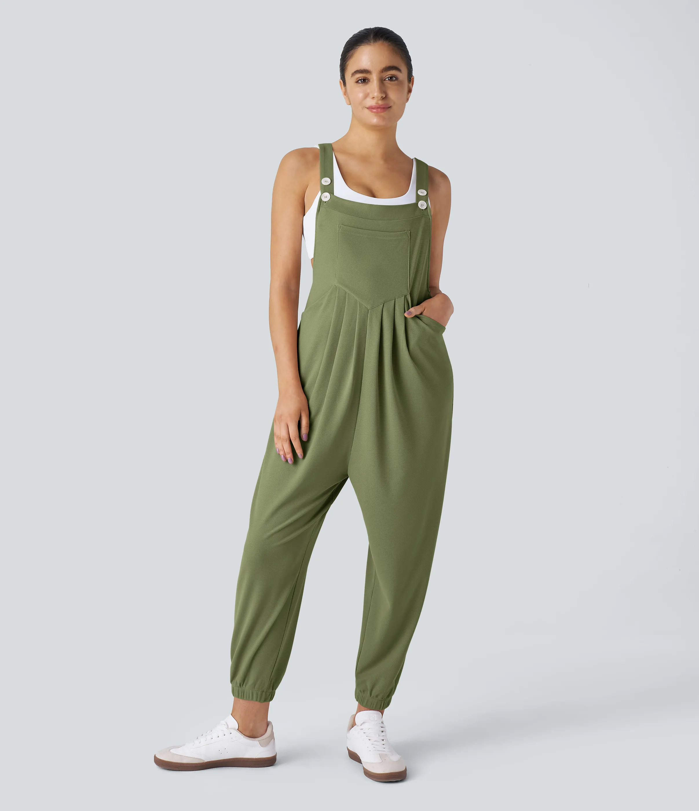 Halara Overol jogger botón correa ajustable bolsillo múltiple gofre plisado - Loden Green - XS(tall) sold by Halara product image thumbnail 2