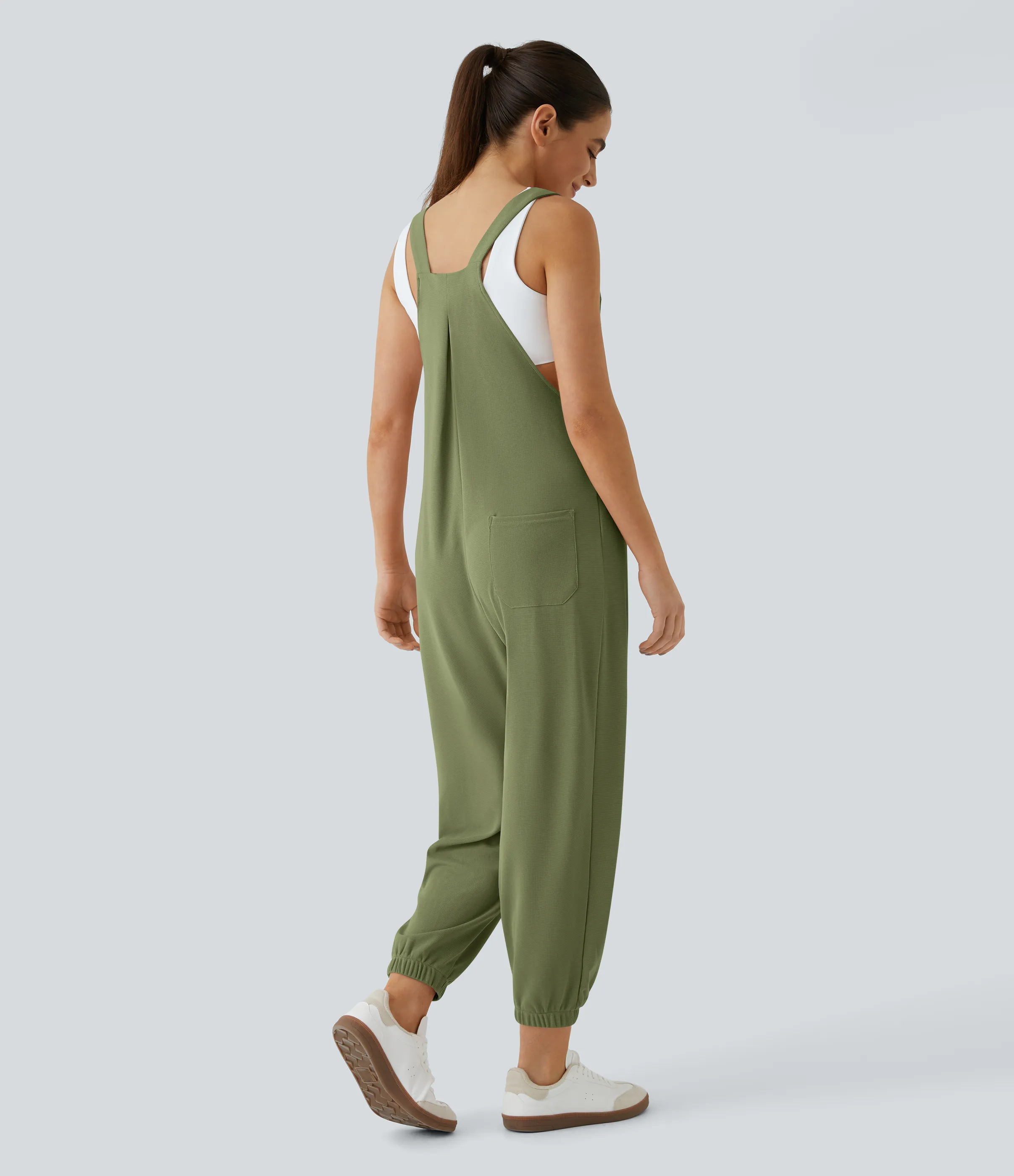 Halara Overol jogger botón correa ajustable bolsillo múltiple gofre plisado - Loden Green - XS(tall) sold by Halara product image thumbnail 3