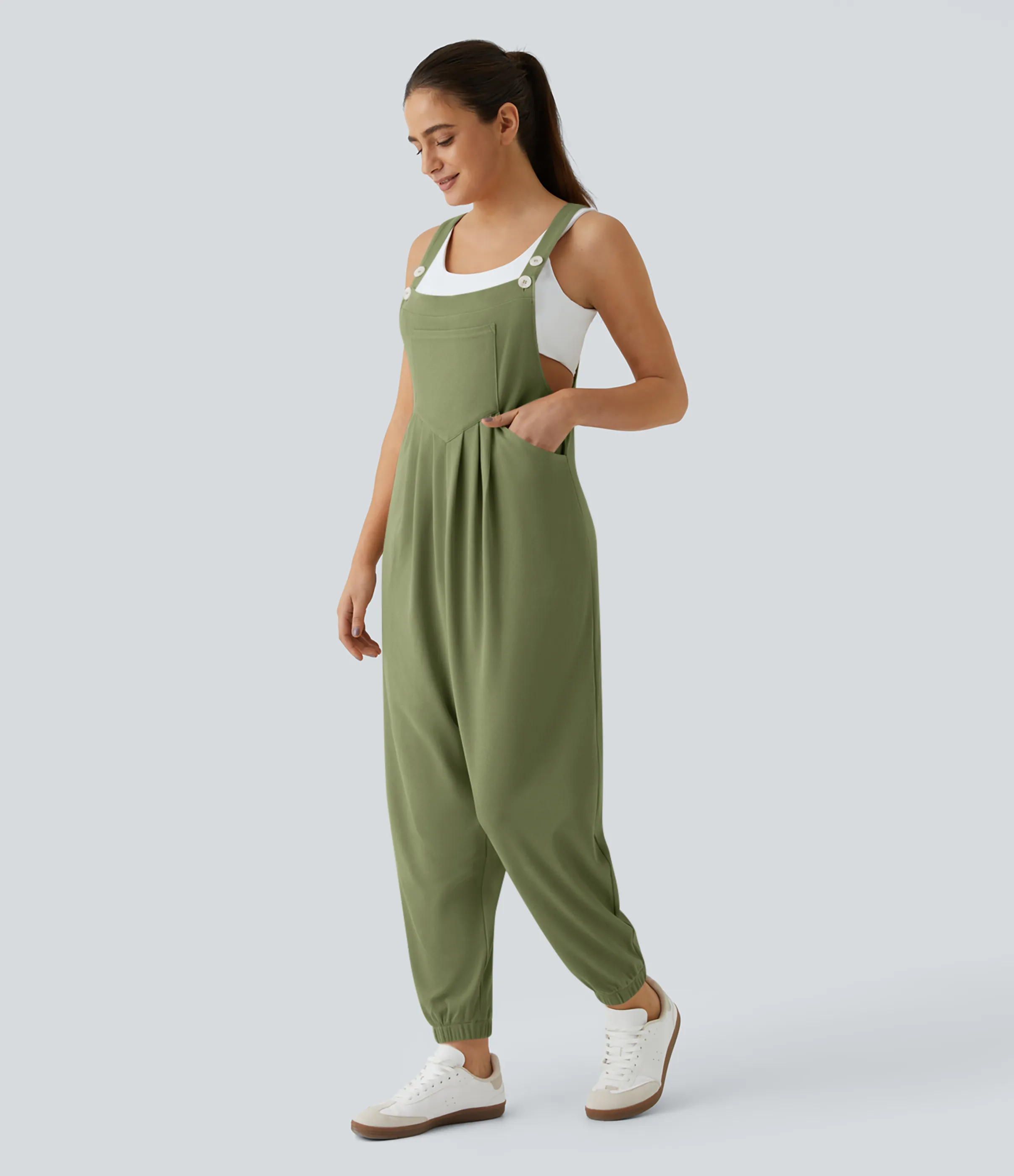 Halara Overol jogger botón correa ajustable bolsillo múltiple gofre plisado - Loden Green - XS(tall) sold by Halara product image thumbnail 4
