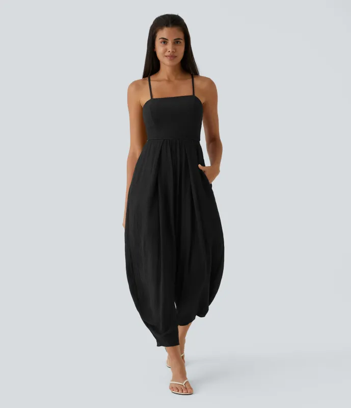 Halara Mono plisado con tirantes finos de espalda descubierta con bolsillo lateral y botones - Black - S(petite) made by Halara