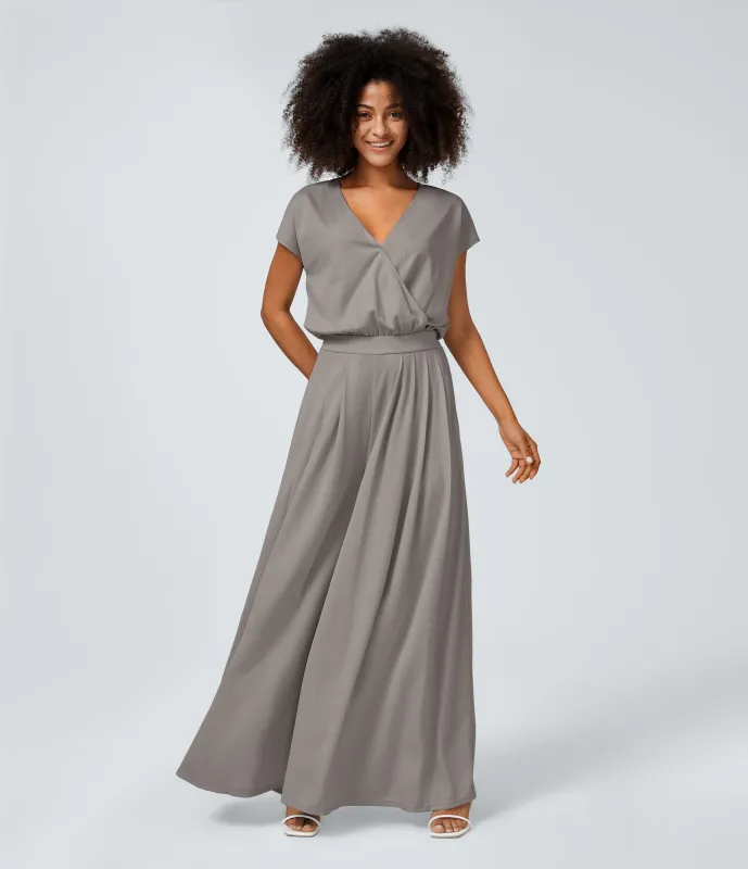 Halara Mono cuello V manga corta bolsillo lateral plisado pierna ancha - Mourning Dove - XS(petite) sold by Halara