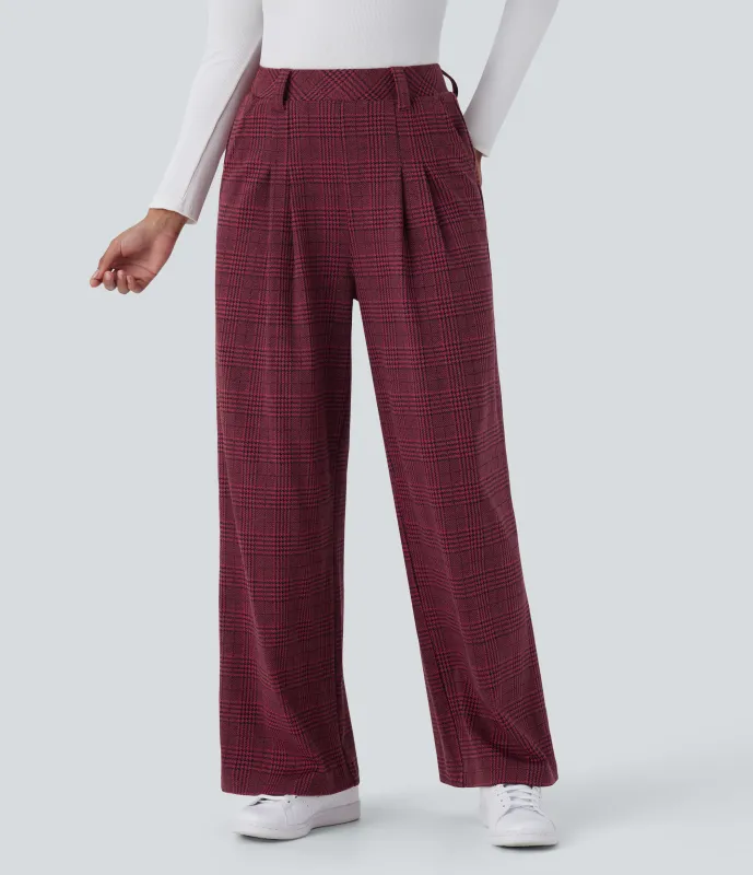 Halara Pantalón tiro alto bolsillo lateral pierna ancha estampado pata gallo - Burgundy Houndstooth Pattern - XL(petite) made by Halara
