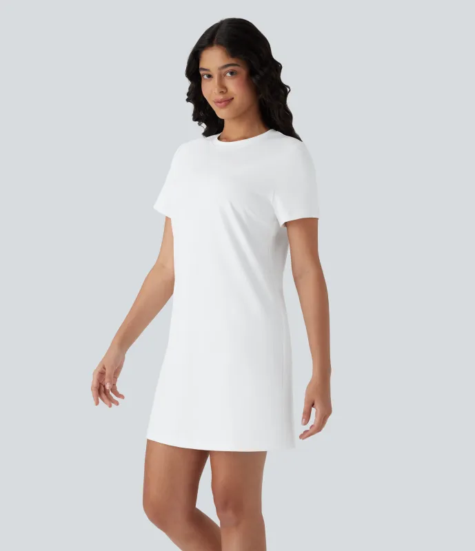 Halara Vestido mini tipo camiseta casual de manga corta con color liso y cuello redondo  - White - S made by Halara