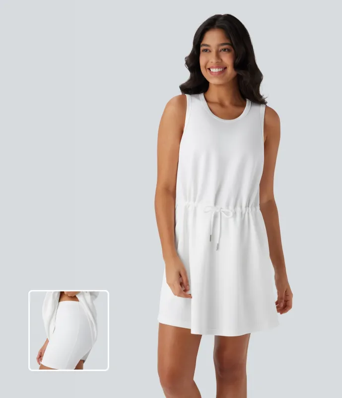 Halara Vestido corto de yoga de dos piezas, sin mangas, con cuello redondo y bolsillos laterales con cordón ajustable - White - L made by Halara