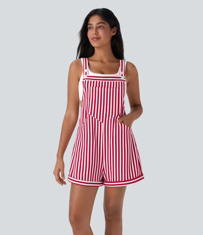 Halara Overol resort gofre raya múltiple bolsillo botón correa ajustable - Crimson Stripes - XL made by Halara