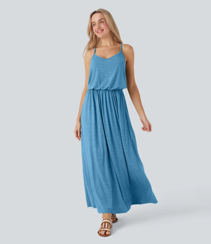 Halara Vestido largo fluido con tirantes ajustables y bolsillos para vacaciones - Clear Coast Blue - S made by Halara