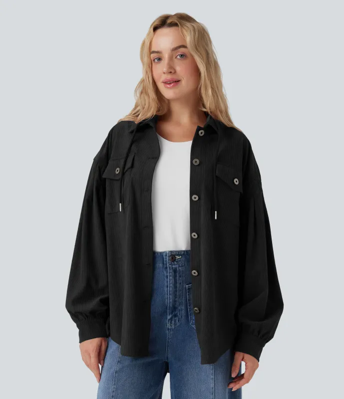 Halara Chaqueta casual de pana de manga larga con capucha, cordón y bolsillos - Black - L made by Halara