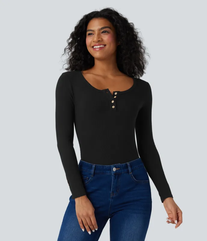 Halara Top casual ajustado de manga larga con cuello henley de punto acanalado - Black - XL made by Halara