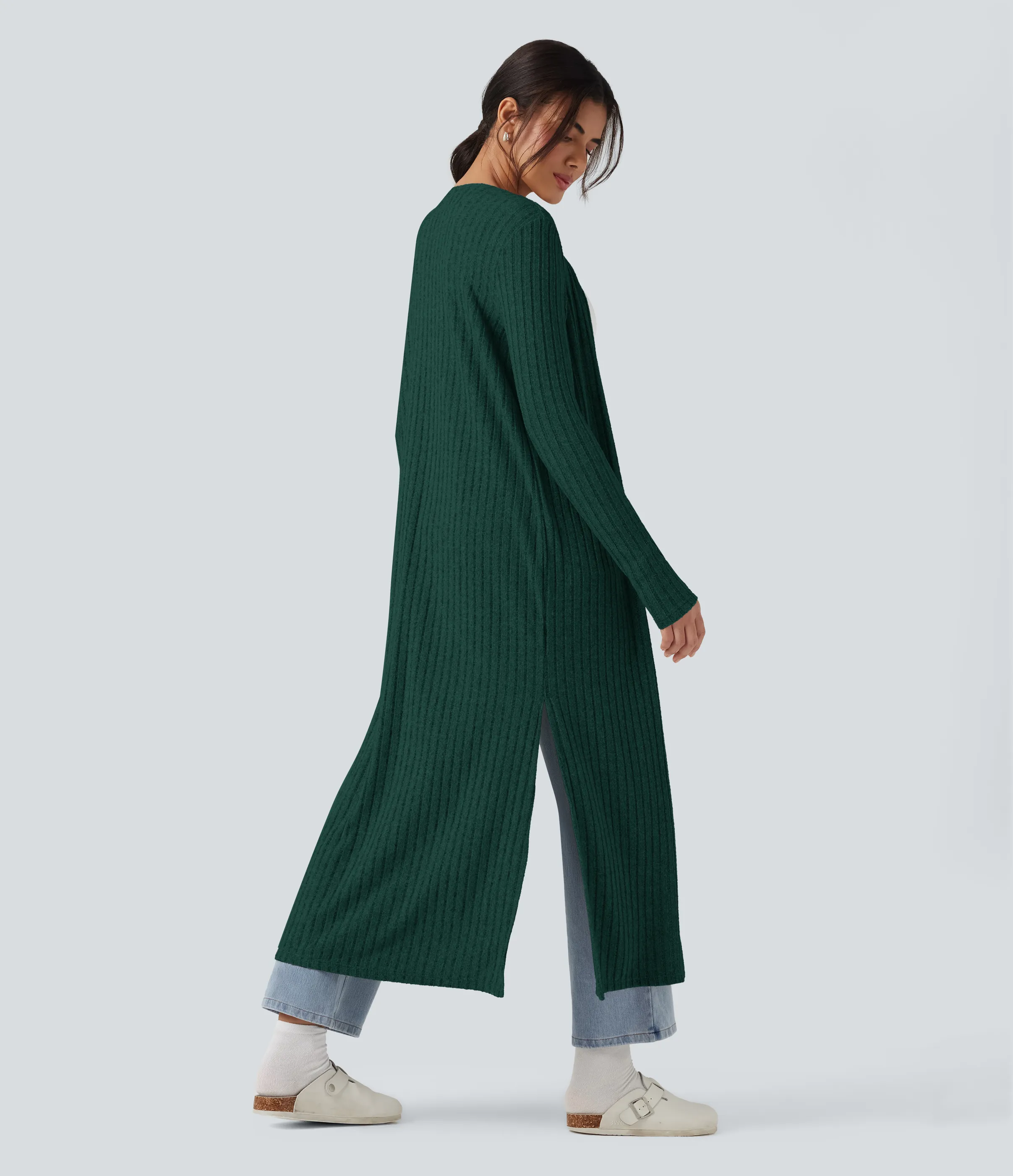 Halara Abrigo largo casual de punto acanalado con mangas largas y abertura - Mottled Greenlake - XS sold by Halara product image thumbnail 3