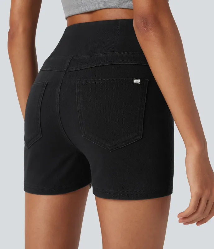 Halara Pantalón corto Halara Flex™ Denim elástico bolsillo lateral cruzado trasera tiro alto 7.5cm - Black Denim - XL sold by Halara