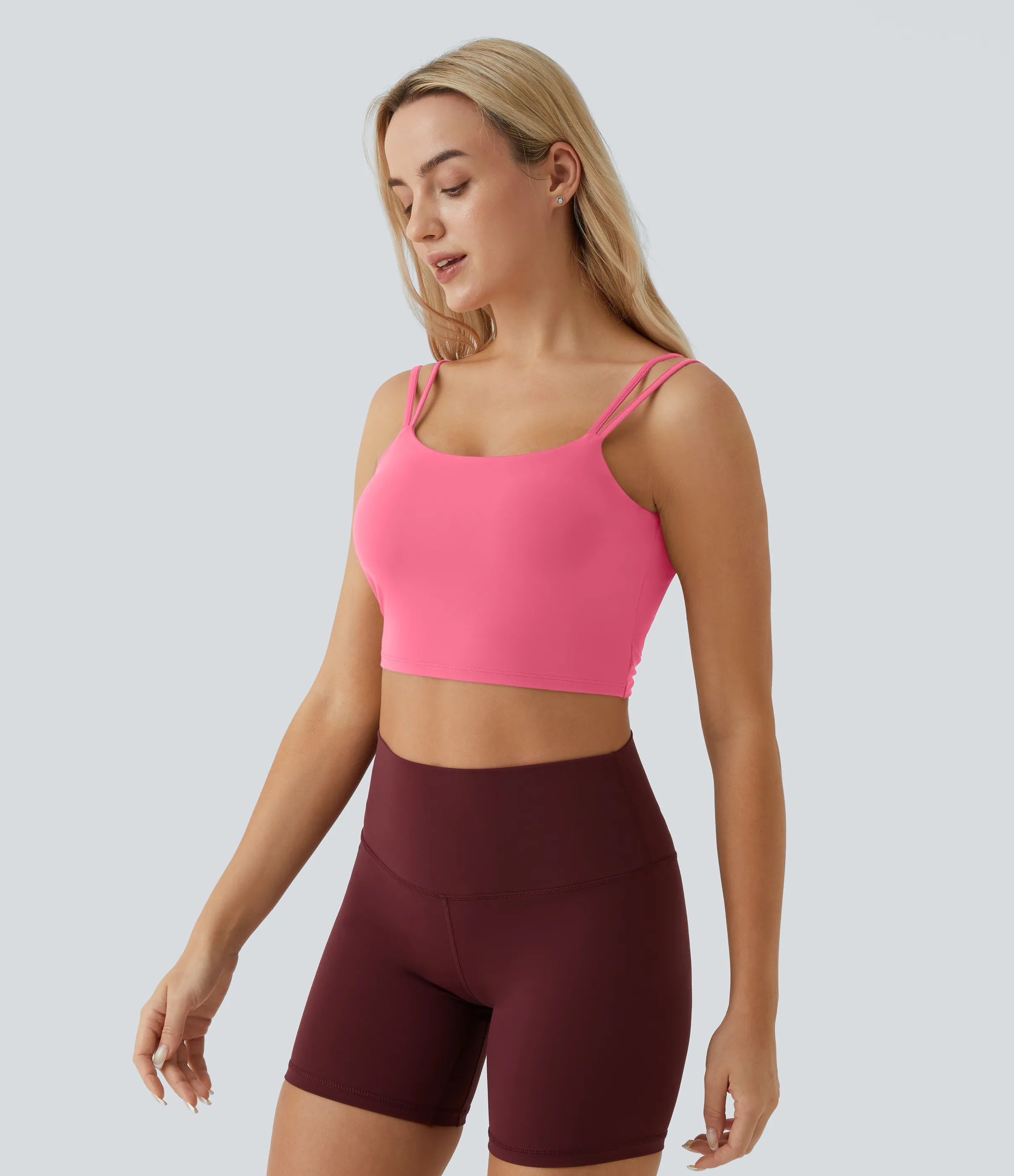 Halara Top corto de yoga con tirantes dobles, espalda cruzada y retorcida en copas D-F - Pink Lemonade - M sold by Halara product image thumbnail 5