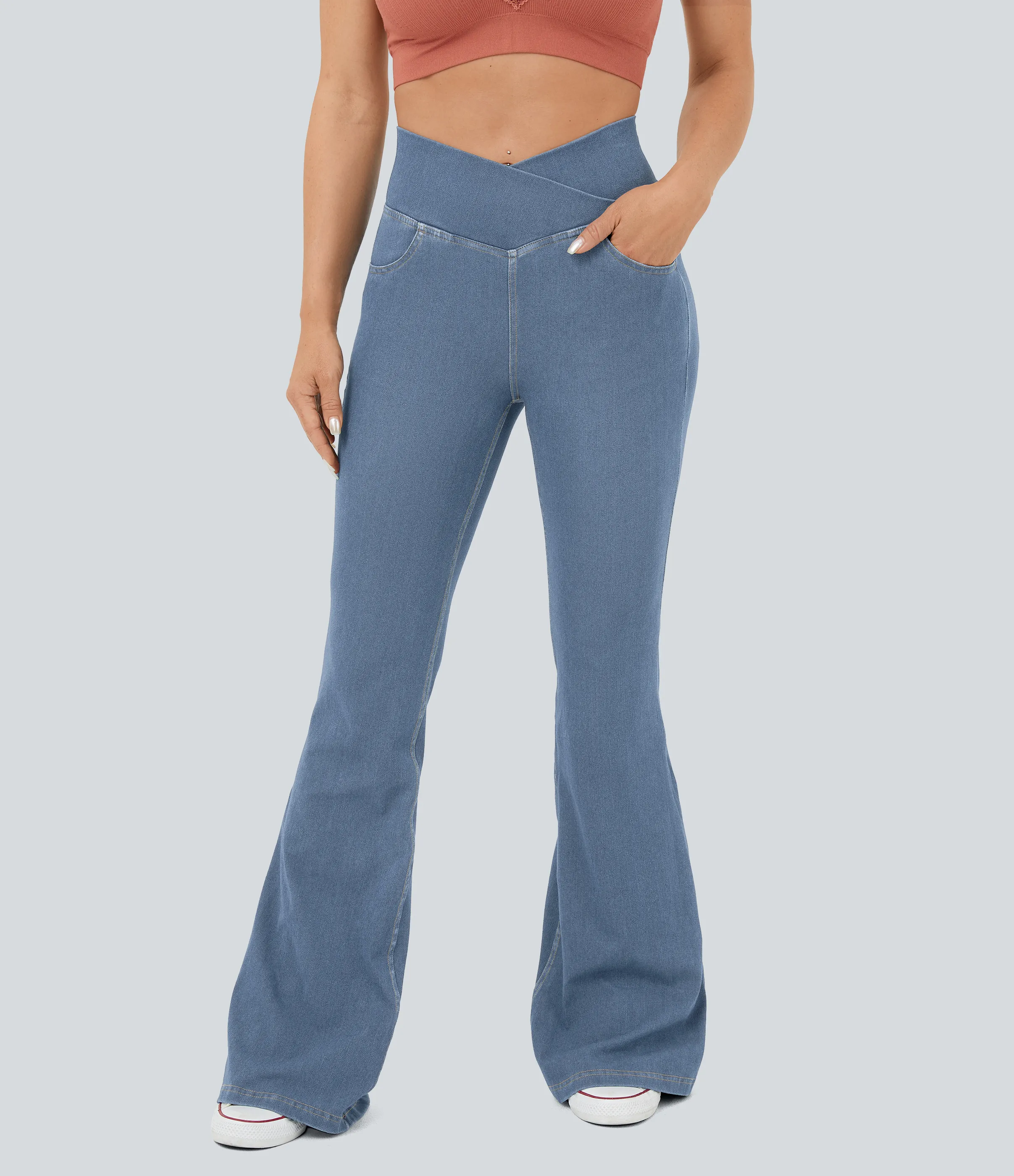 Halara Jeans Halara Flex™ Denim súper acampanado elástico lavado bolsillo cruzado tiro alto - Pastel Blue Denim - M(tall) sold by Halara product image thumbnail 3