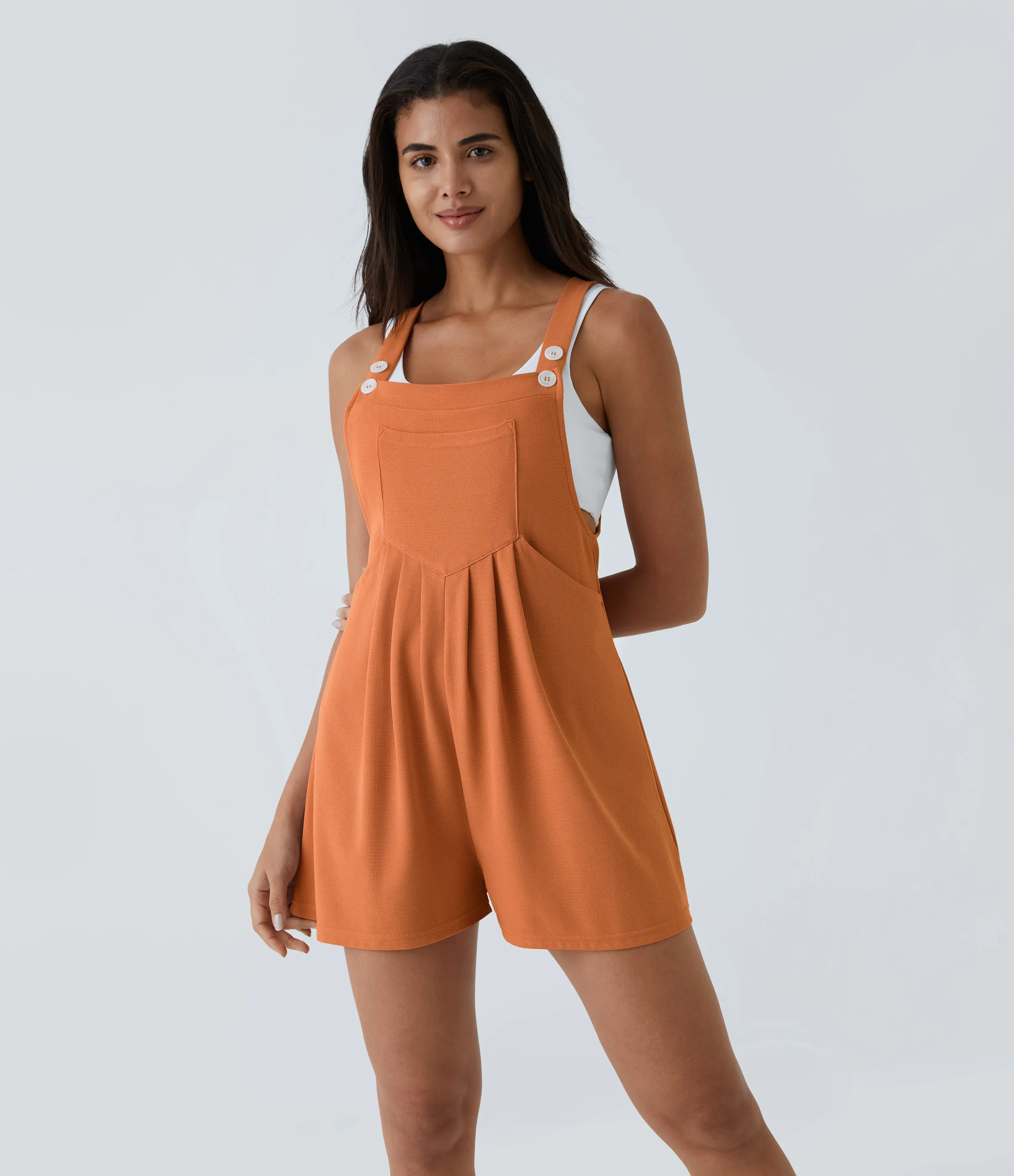 Halara Overol botón correa ajustable bolsillo múltiple gofre plisado - Apricot Orange - XS sold by Halara