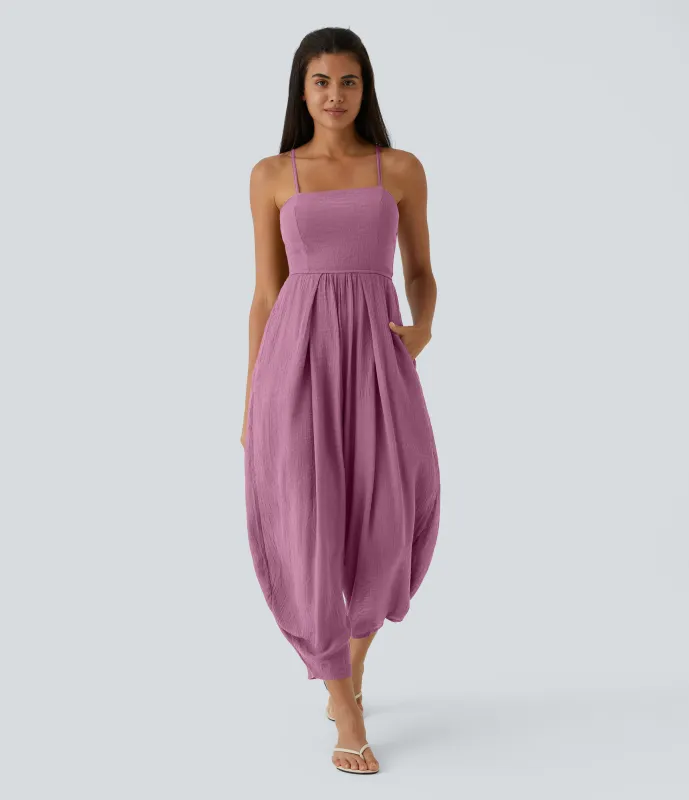 Halara Mono plisado con tirantes finos de espalda descubierta con bolsillo lateral y botones - Rosy Purple - S(regular) made by Halara