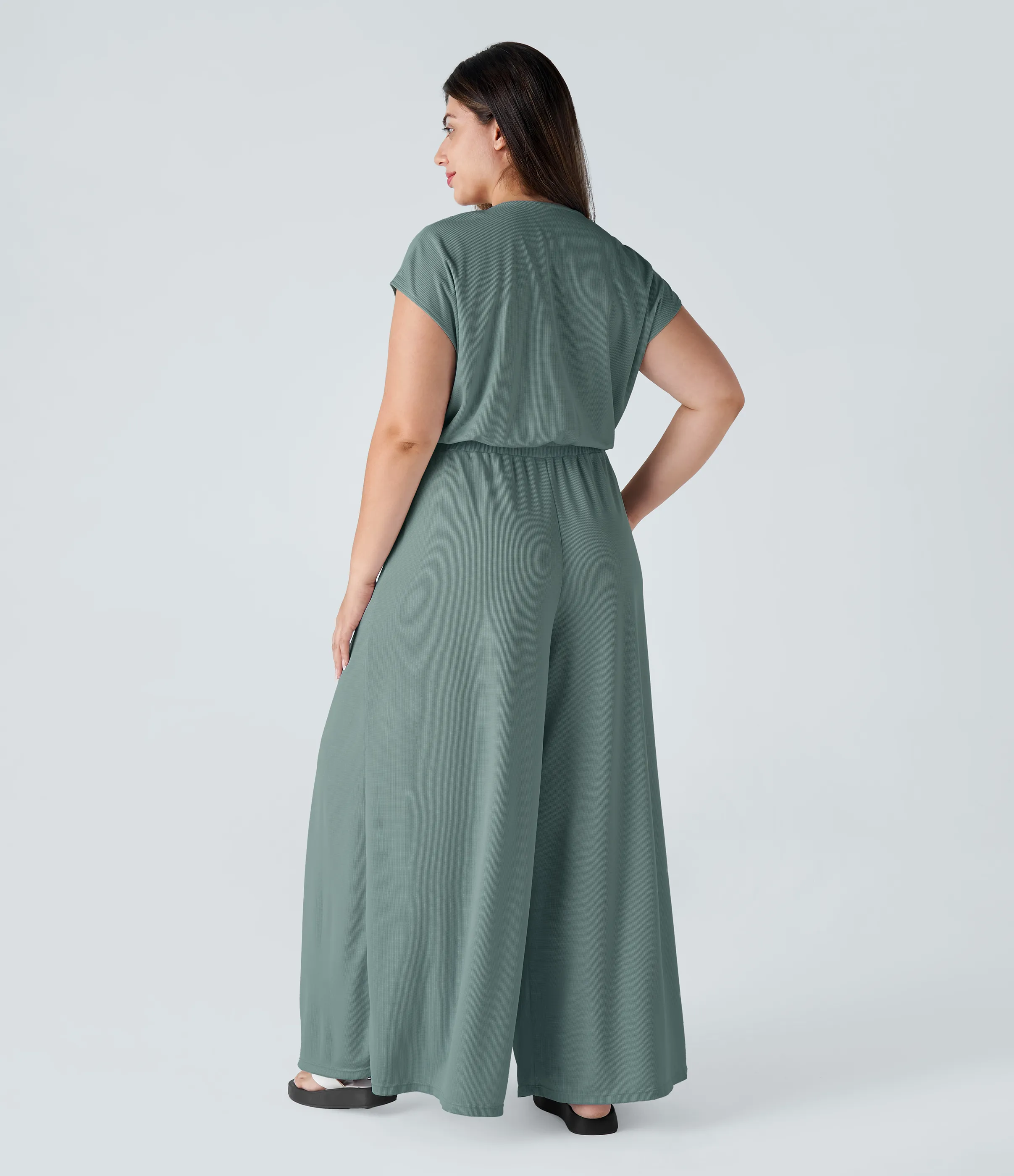 Halara Mono talla grande cuello V manga corta bolsillo lateral plisado pierna ancha gofre fluido - Bronze Stone Green - 1X sold by Halara product image thumbnail 3