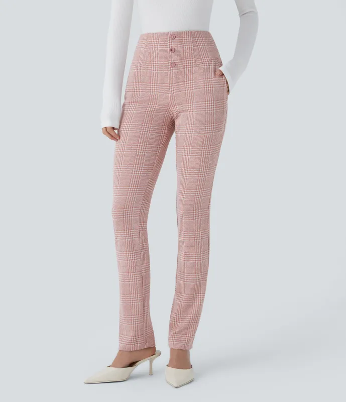 Halara Pantalón Halara Flex™ oficina ajustado pata gallo bolsillo lateral botón decorativo tiro alto - Bean Paste Houndstooth Plaid - XL(regular) made by Halara