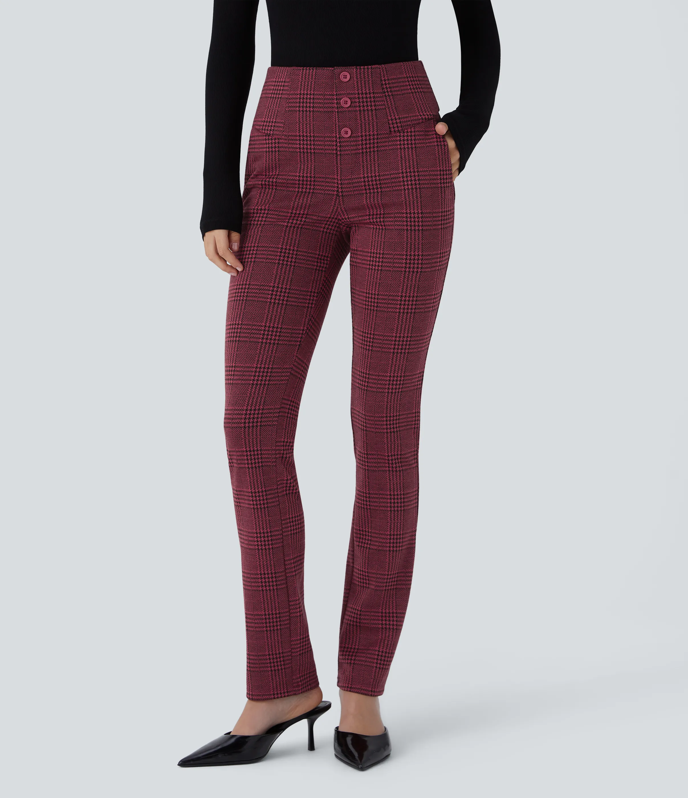 Halara Pantalón Halara Flex™ oficina ajustado pata gallo bolsillo lateral botón decorativo tiro alto - Burgundy Houndstooth Pattern - XS(regular) sold by Halara product image thumbnail 2