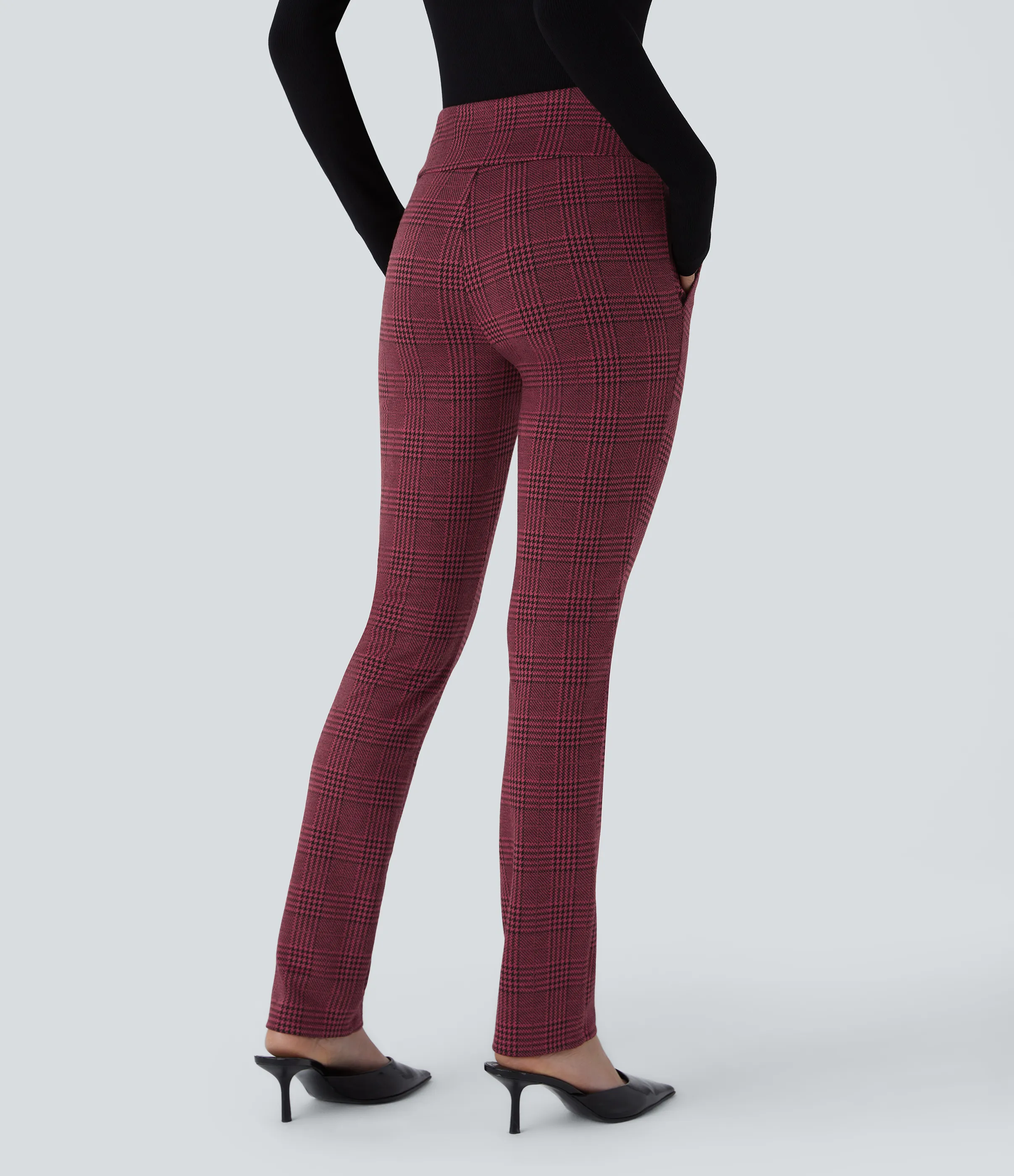 Halara Pantalón Halara Flex™ oficina ajustado pata gallo bolsillo lateral botón decorativo tiro alto - Burgundy Houndstooth Pattern - XS(regular) sold by Halara product image thumbnail 3