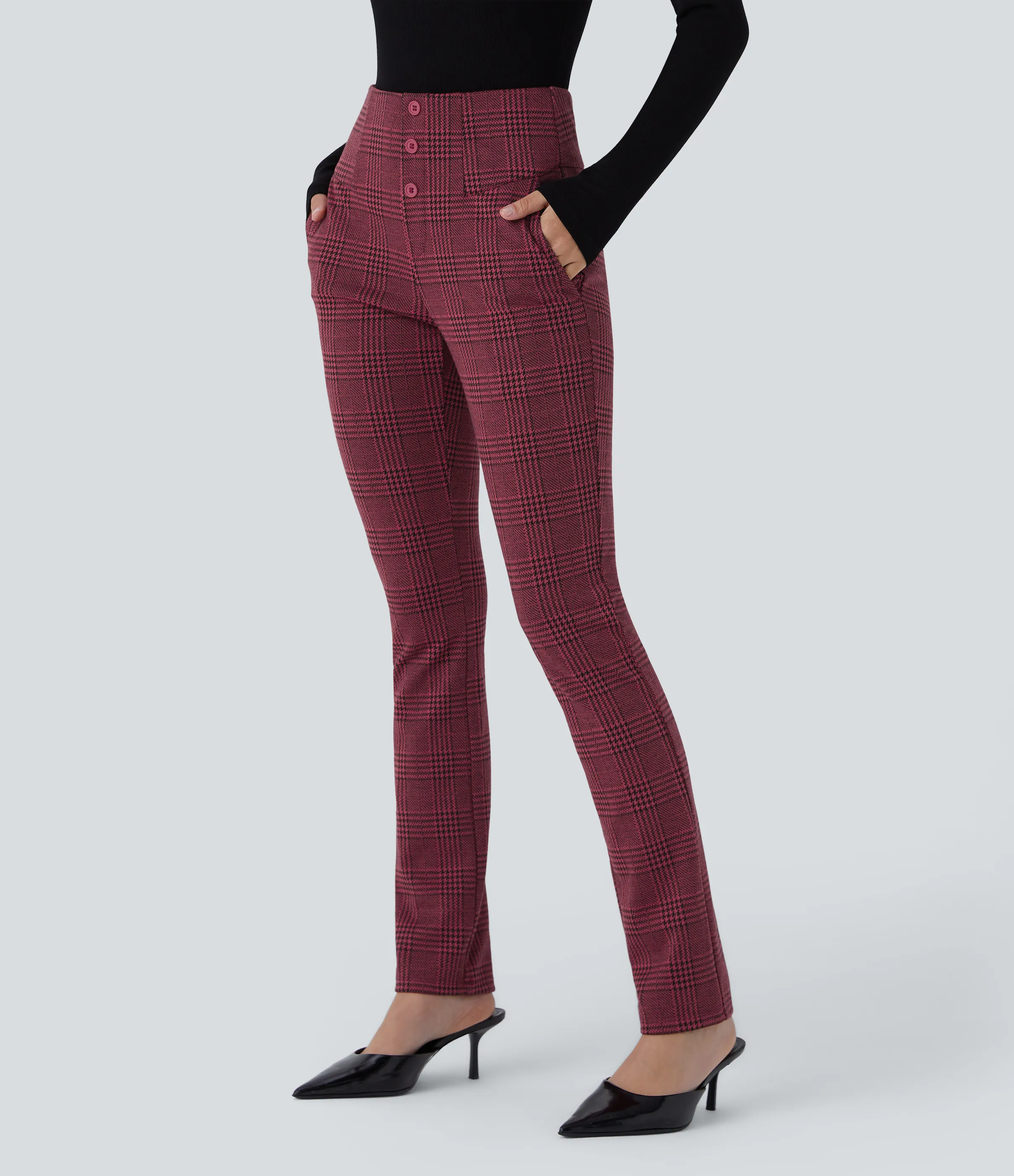 Halara Pantalón Halara Flex™ oficina ajustado pata gallo bolsillo lateral botón decorativo tiro alto - Burgundy Houndstooth Pattern - XS(regular) sold by Halara product image thumbnail 4