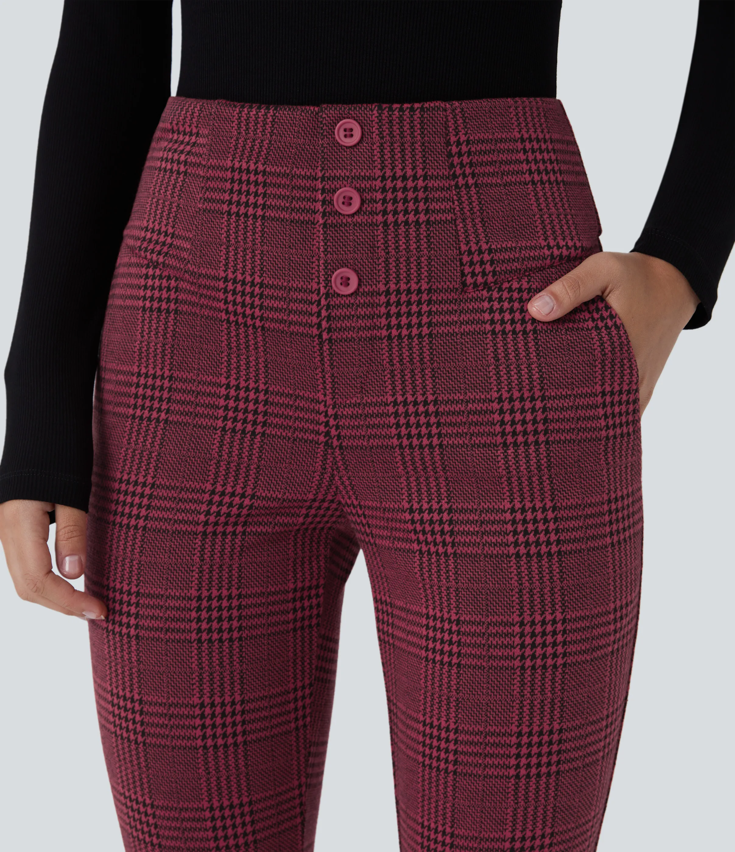 Halara Pantalón Halara Flex™ oficina ajustado pata gallo bolsillo lateral botón decorativo tiro alto - Burgundy Houndstooth Pattern - XS(regular) sold by Halara product image thumbnail 5