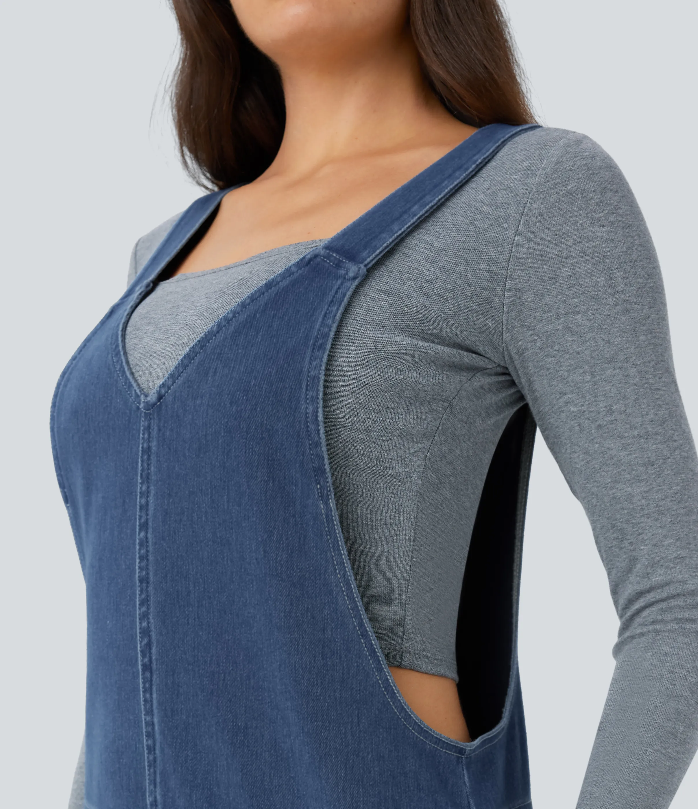 Halara Overol Halara Flex™ Denim mezclilla elástico lavado bolsillo lateral cuello V - Frost Blue Denim - XS(petite) sold by Halara product image thumbnail 5