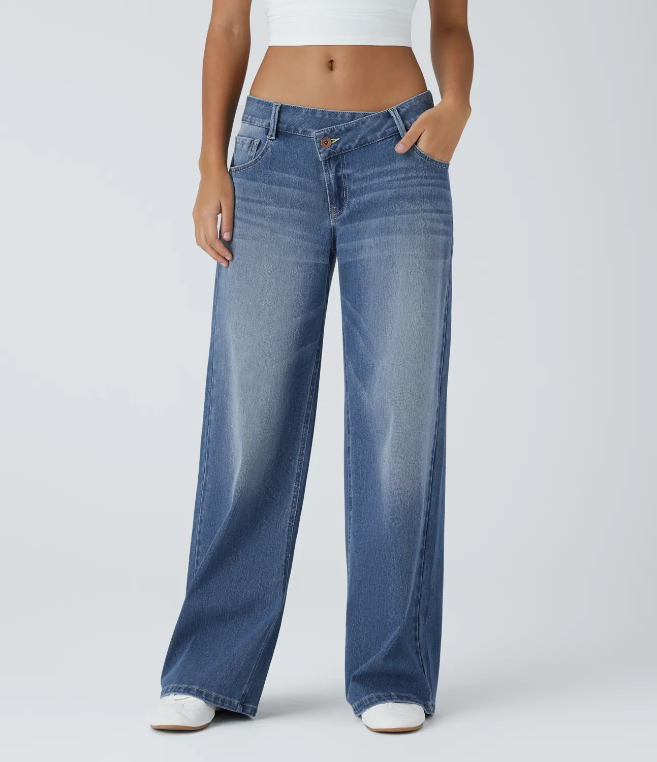 Halara Jeans Baggy Halara Flex™ Denim elástico lavado pierna ancha holgado múltiple bolsillo cierre botón tiro bajo asimétrico - Blue Spruce Denim - M(extall) sold by Halara product image thumbnail 2