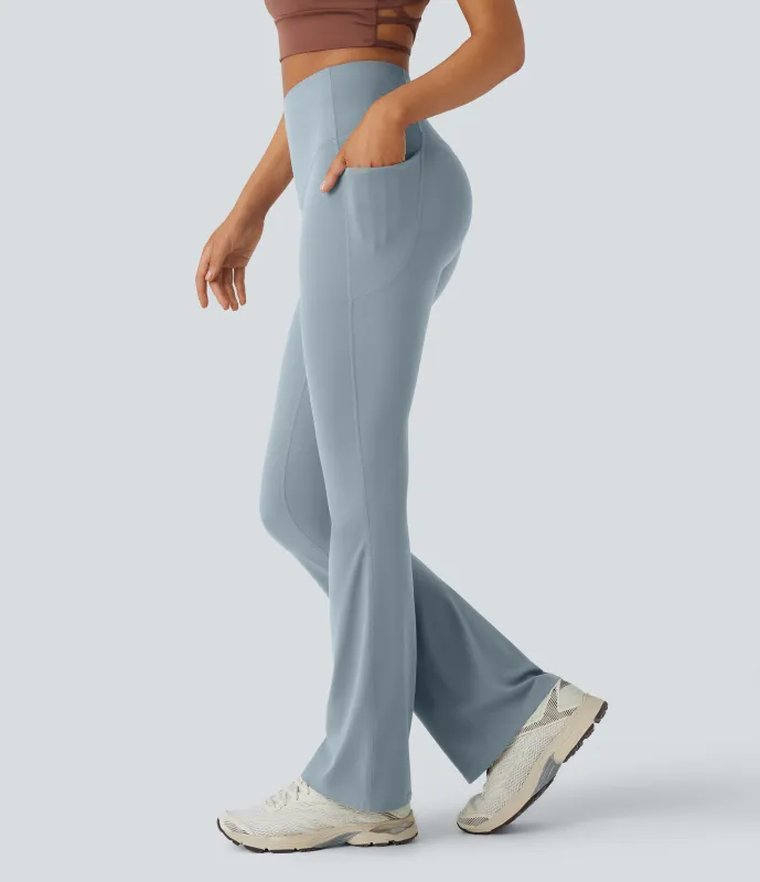 Halara Leggings SoCinched UltraSculpt yoga Bootcut tiro alto control abdomen bolsillo lateral moldeador - Blue Flower Gray - M(petite) made by Halara