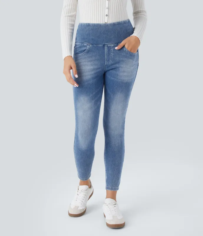 Halara Leggings casuales de mezclilla elástica de tiro alto con varios bolsillos - Royal Blue Denim - L(full_length) made by Halara