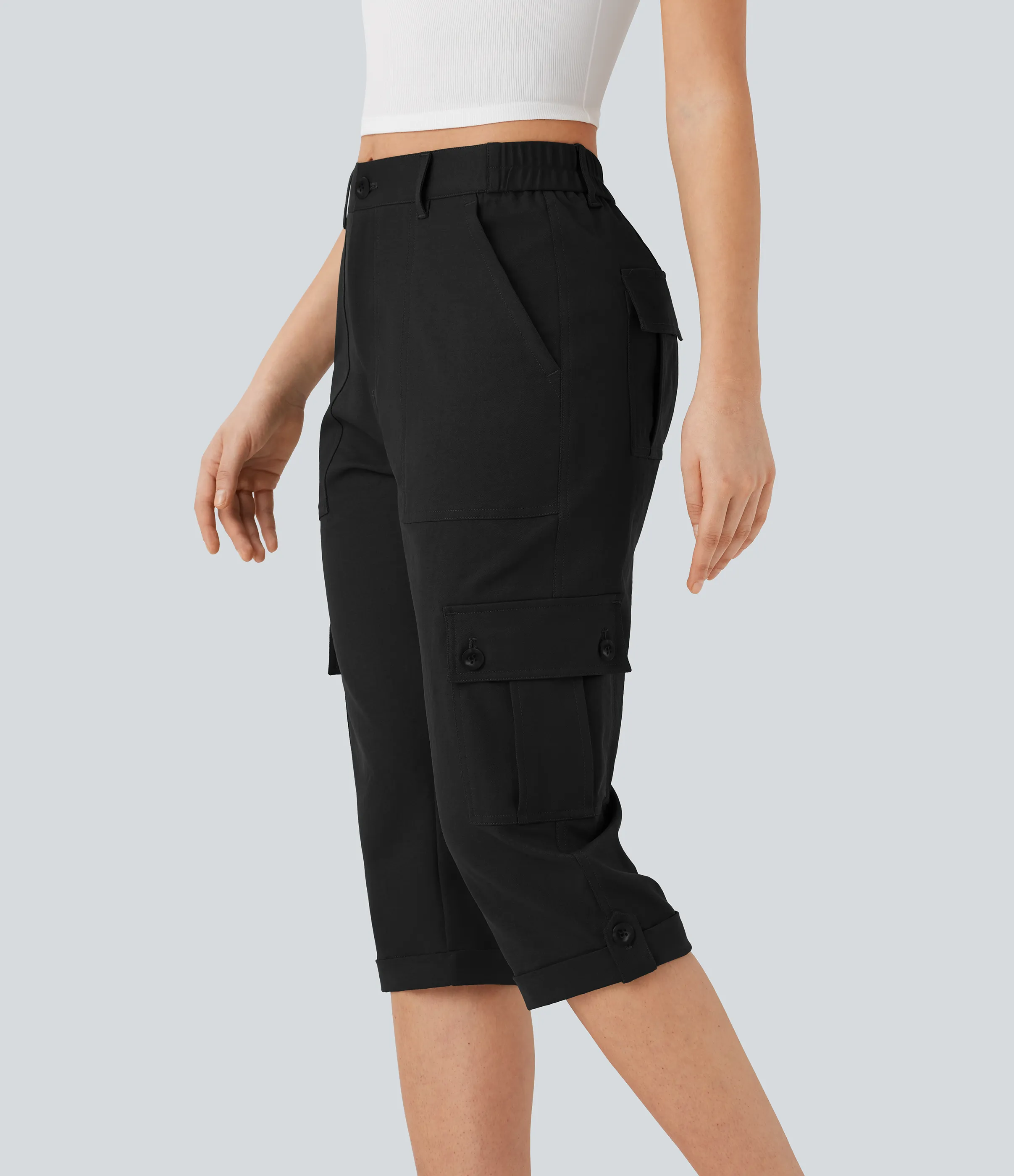 Halara Pantalones cargo casuales de tiro medio con dobladillo enrollado y bolsillos con solapa - Black - M(regular) sold by Halara product image thumbnail 2