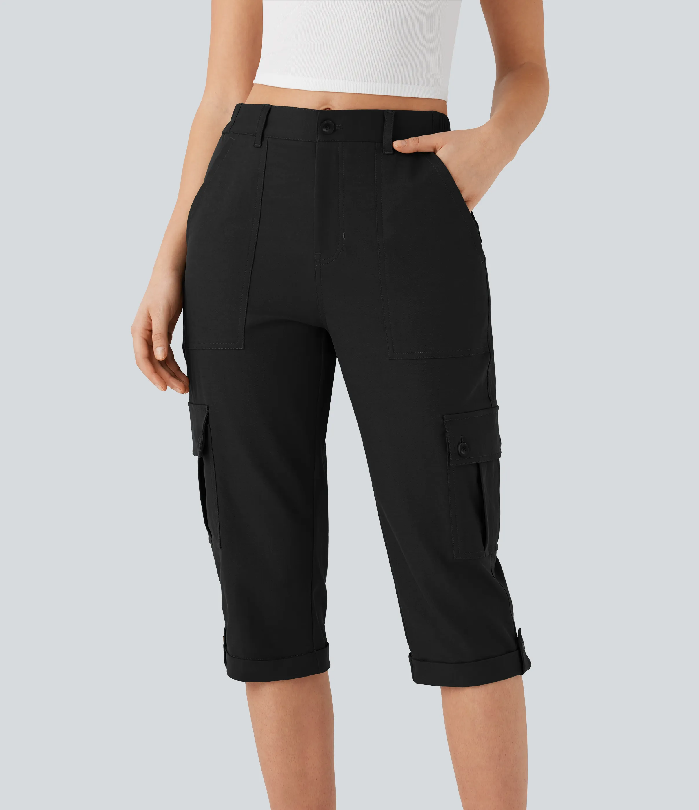 Halara Pantalones cargo casuales de tiro medio con dobladillo enrollado y bolsillos con solapa - Black - M(regular) sold by Halara product image thumbnail 4