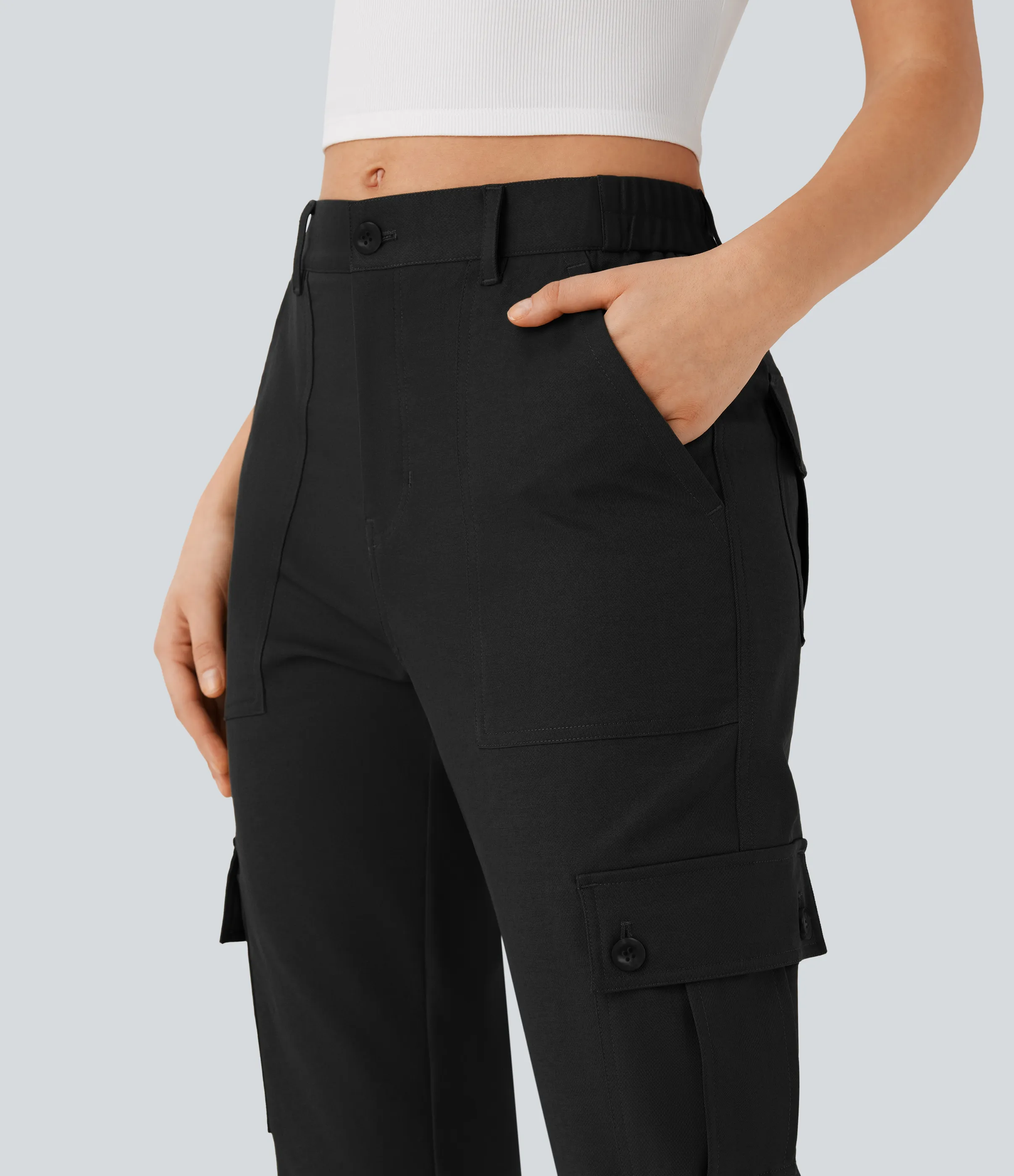 Halara Pantalones cargo casuales de tiro medio con dobladillo enrollado y bolsillos con solapa - Black - M(regular) sold by Halara product image thumbnail 5