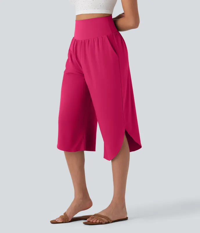 Halara Pantalón Breezeful™ SoCinched Capri Resort tiro alto control abdomen dobladillo dividido secado rápido bolsillo lateral - Bright Rose - L made by Halara