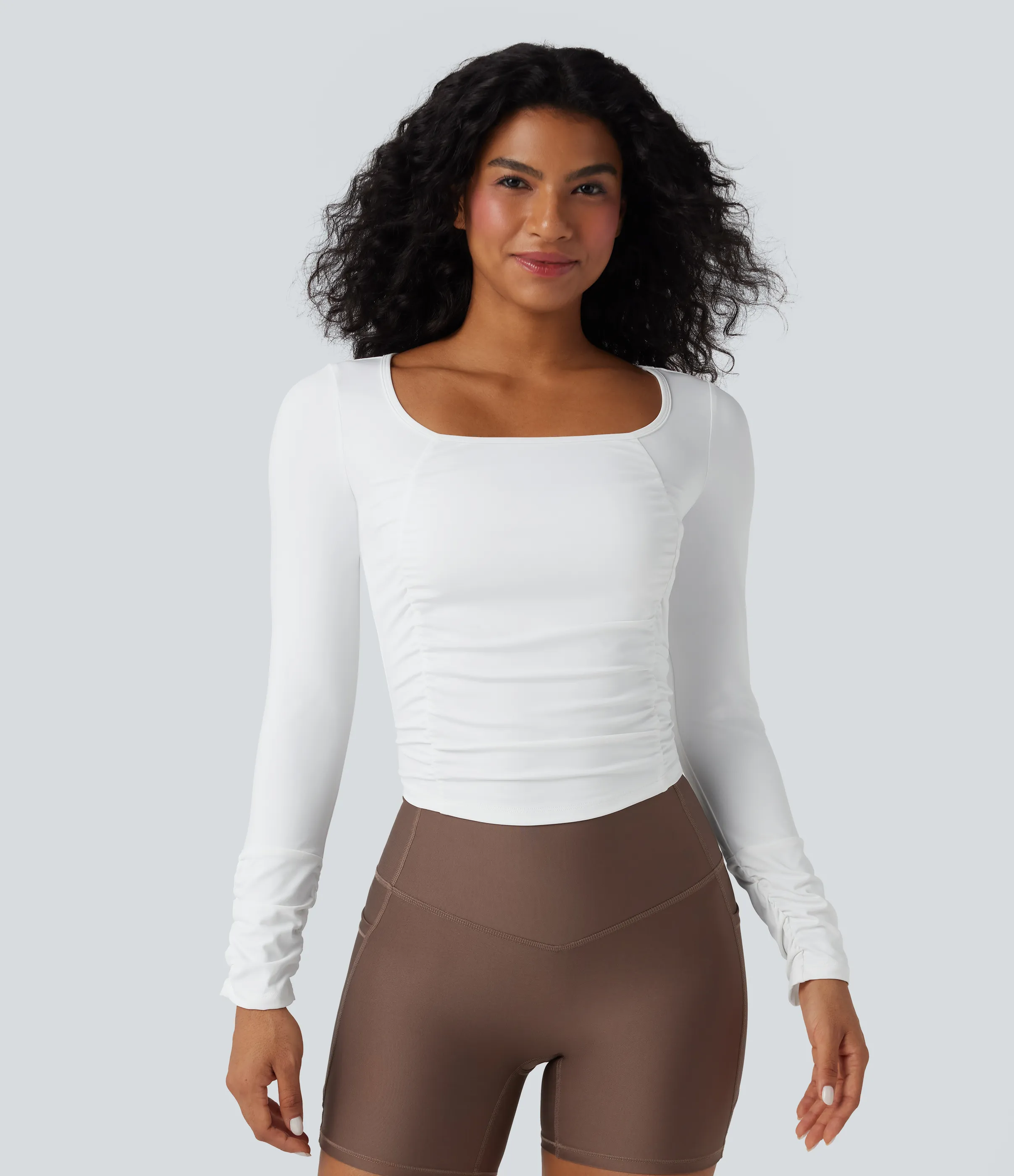 Halara Top deportivo de entrenamiento SoftlyZero™ con cuello cuadrado de manga larga con fruncido y tacto fresco - White - XL sold by Halara product image thumbnail 2