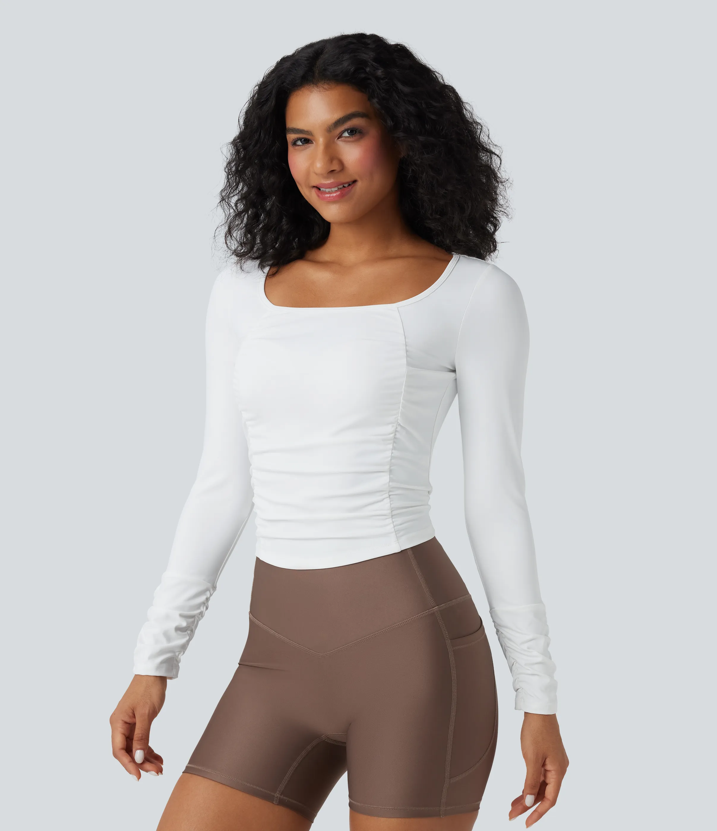 Halara Top deportivo de entrenamiento SoftlyZero™ con cuello cuadrado de manga larga con fruncido y tacto fresco - White - XL sold by Halara product image thumbnail 4