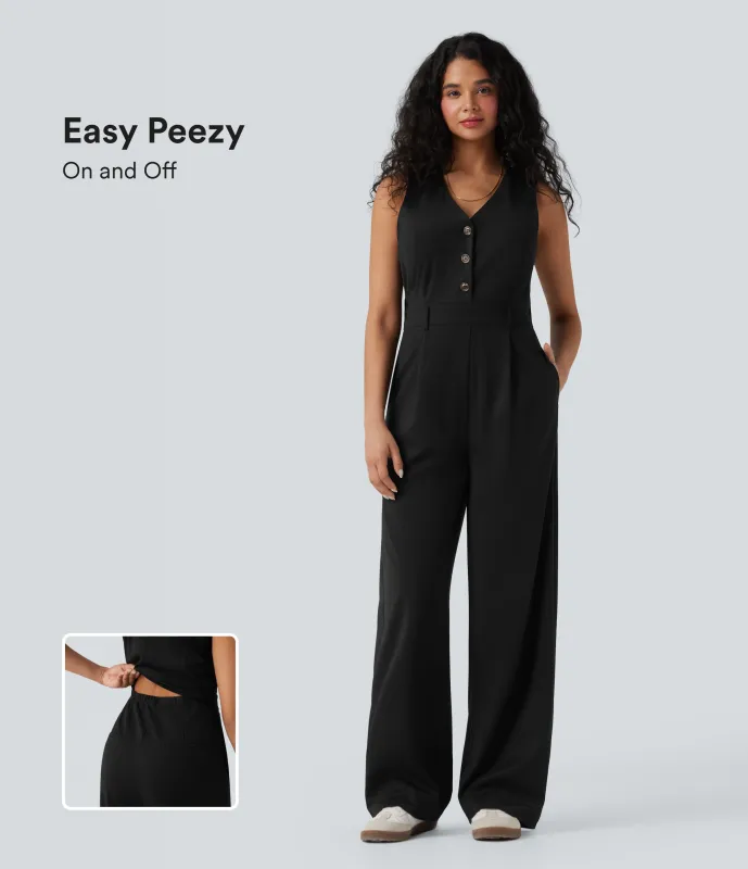 Halara Jumpsuit casual sin mangas con cuello en V y bolsillos - Easy Peezy - Black - XS(regular) made by Halara