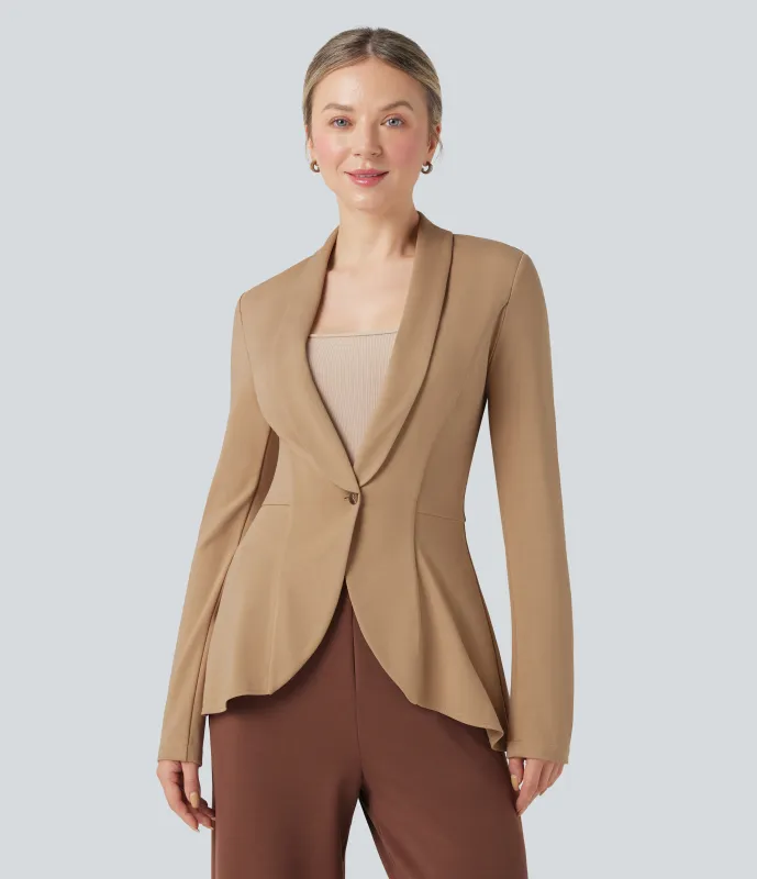 Halara Abrigo de oficina Halara Flex™ de manga larga con cuello chal y dobladillo con volantes - Tan - XL made by Halara