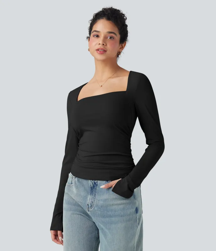 Halara Top casual ajustado con cuello cuadrado de manga larga y fruncido - Black - XS made by Halara