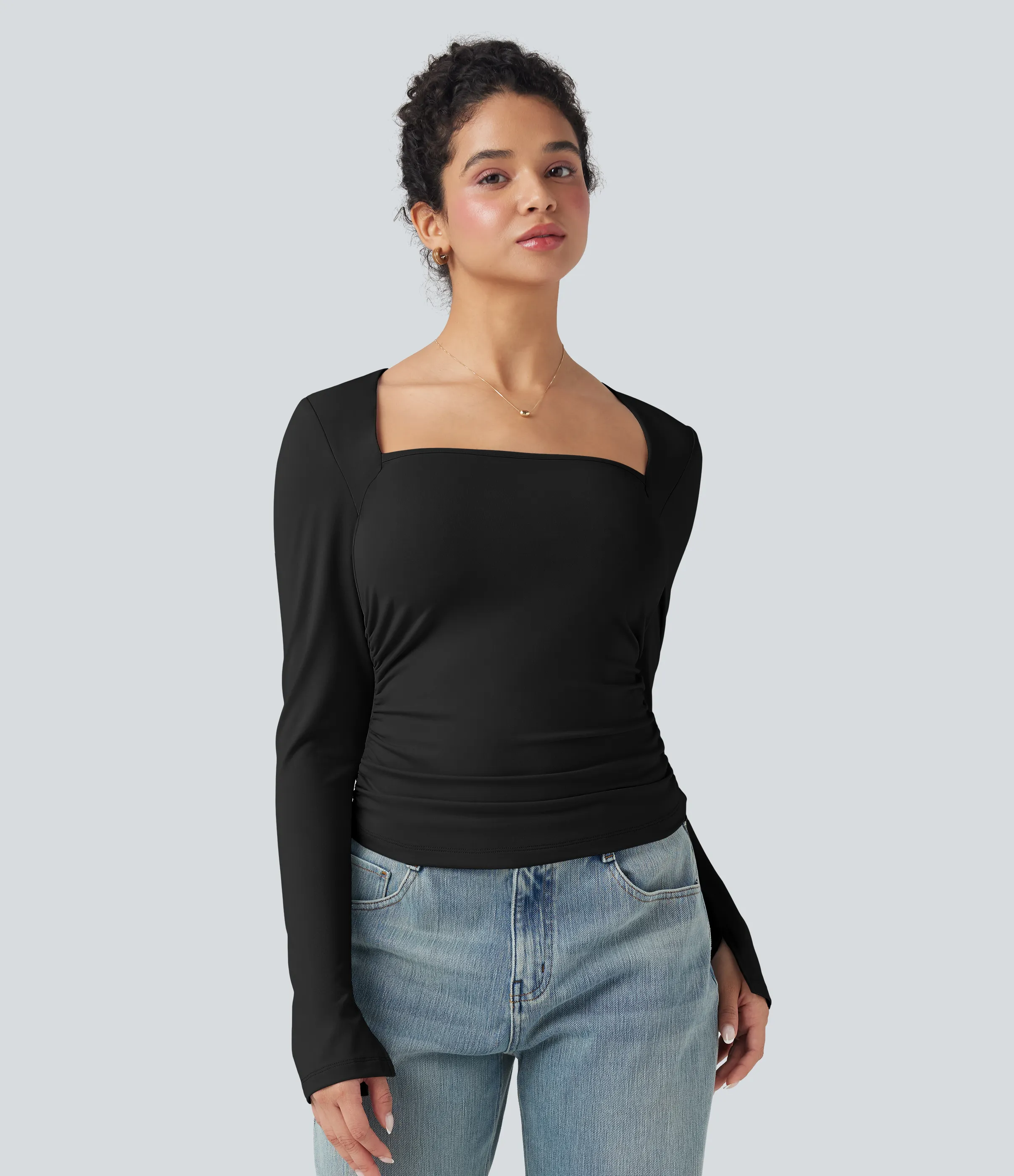 Halara Top casual ajustado con cuello cuadrado de manga larga y fruncido - Black - XS sold by Halara product image thumbnail 4