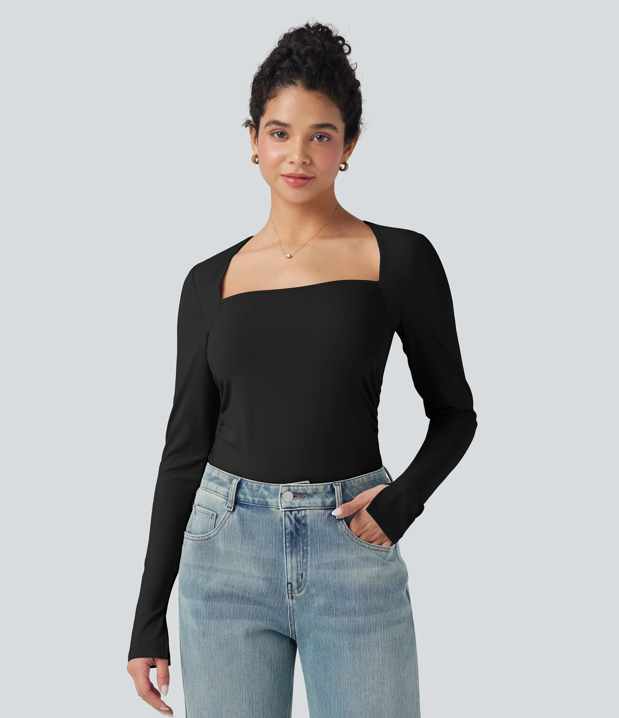 Halara Top casual ajustado con cuello cuadrado de manga larga y fruncido - Black - XS sold by Halara product image thumbnail 5