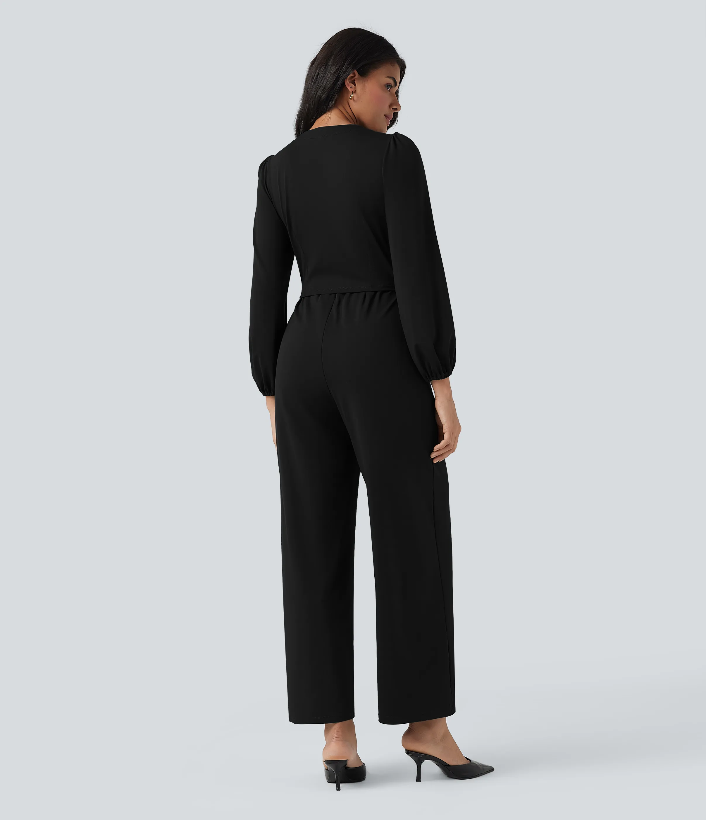 Halara Jumpsuit ancho de oficina de manga larga con cuello en V y bolsillos - Edición Easy Peezy - Black - XS(regular) sold by Halara product image thumbnail 3