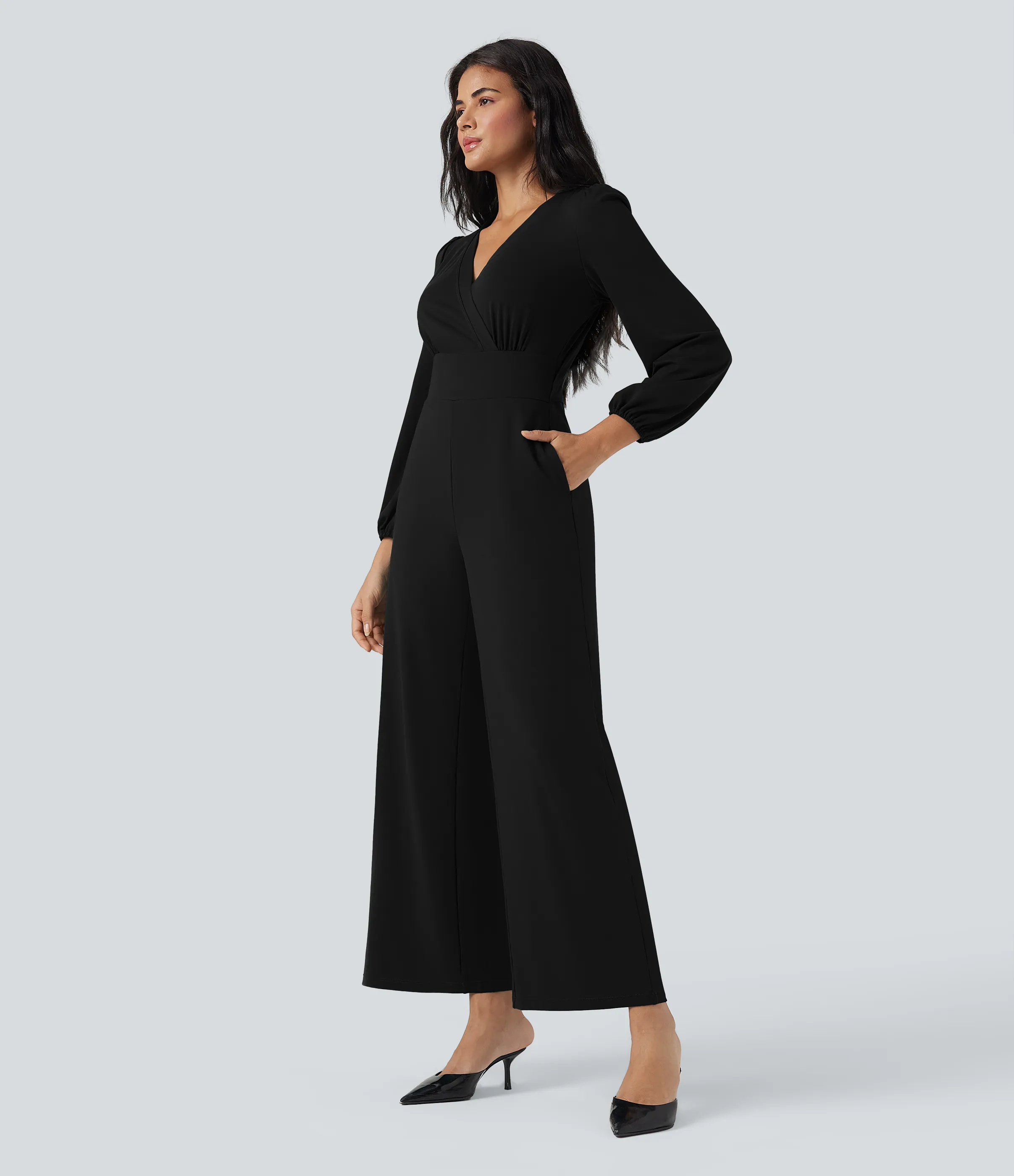 Halara Jumpsuit ancho de oficina de manga larga con cuello en V y bolsillos - Edición Easy Peezy - Black - XS(regular) sold by Halara product image thumbnail 4