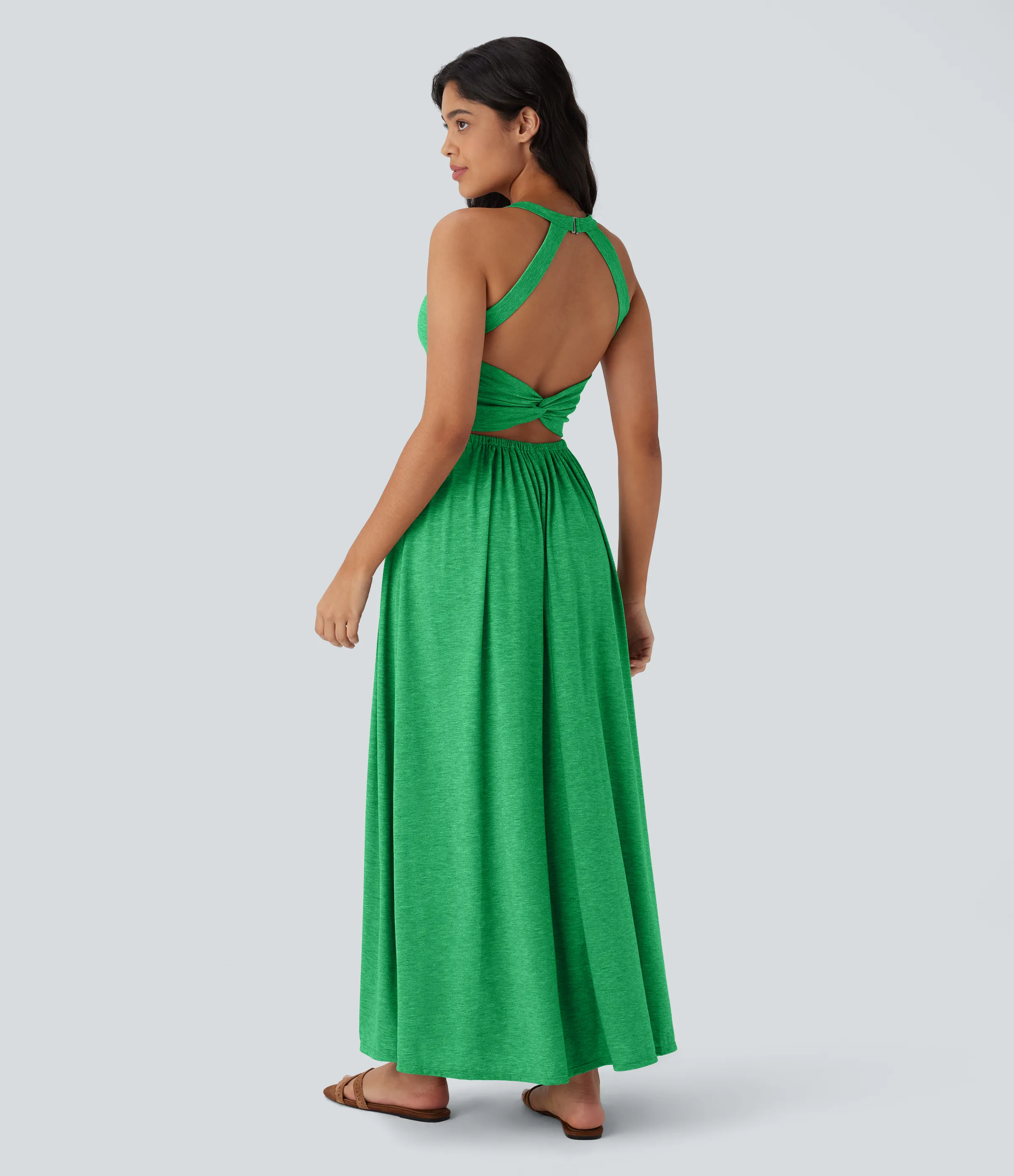 Halara Vestido largo playero fluido con abertura y bolsillos laterales y espalda abierta cruzada - Dewleaf Green - L sold by Halara