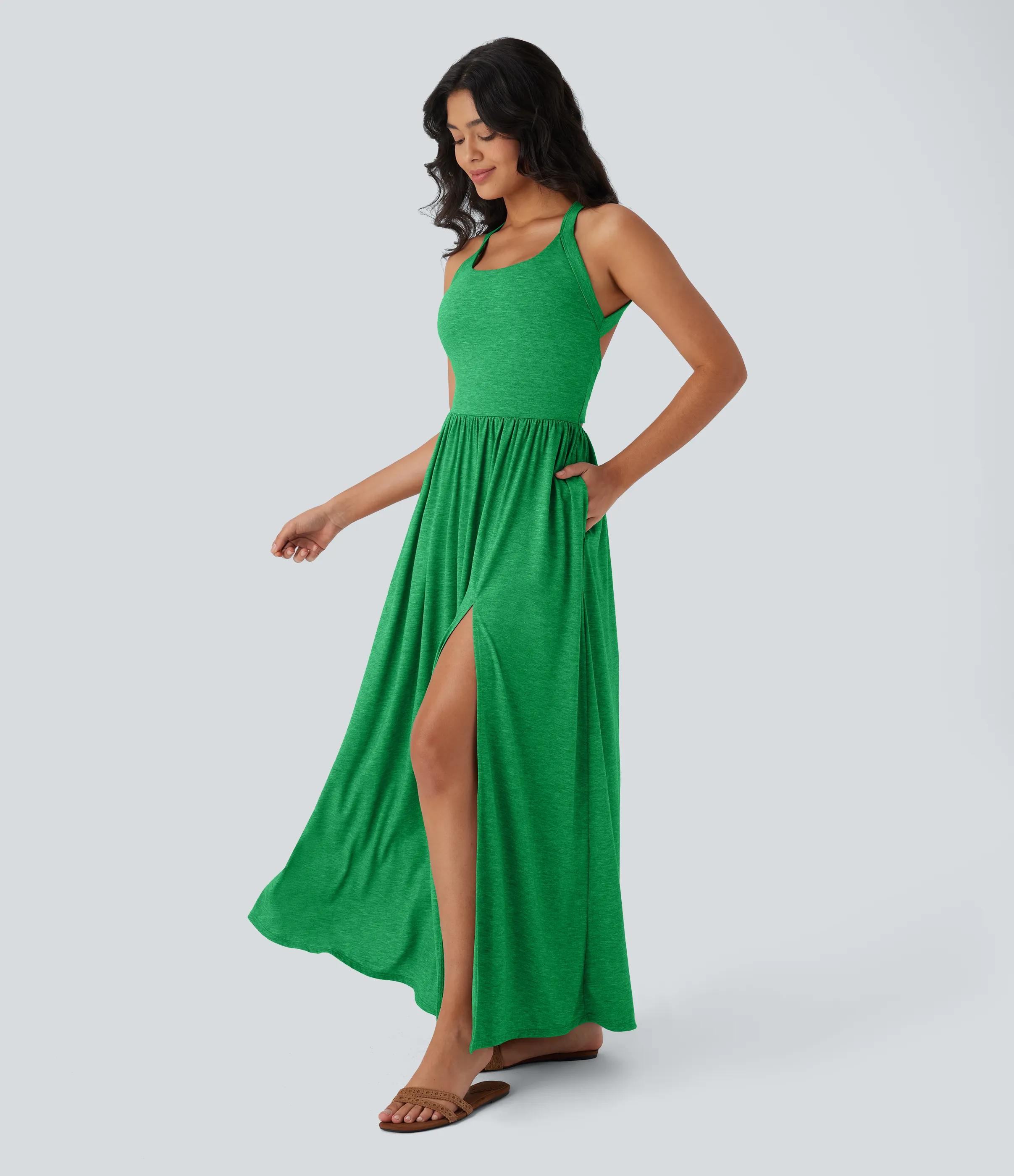 Halara Vestido largo playero fluido con abertura y bolsillos laterales y espalda abierta cruzada - Dewleaf Green - L sold by Halara product image thumbnail 4