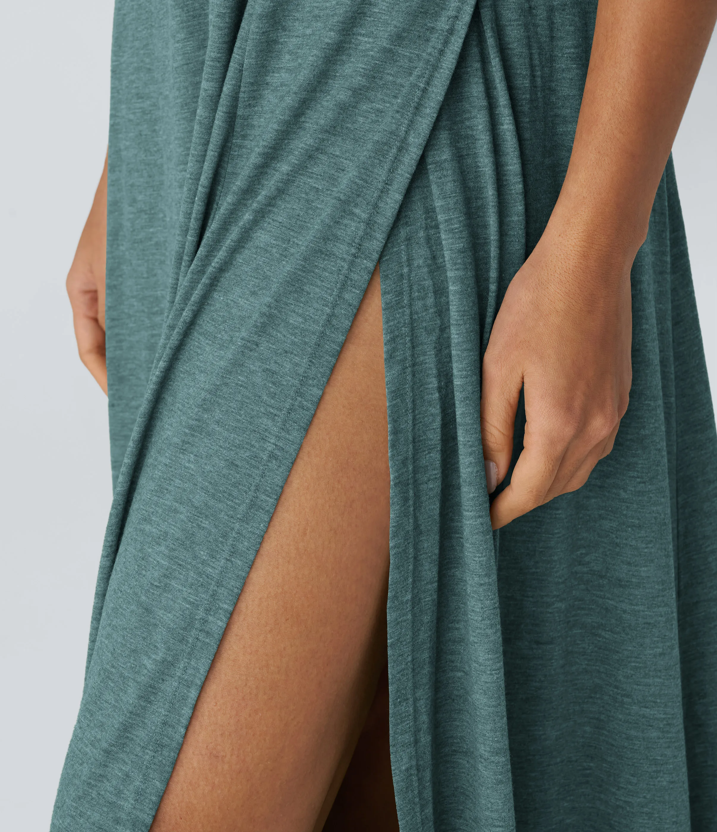 Halara Vestido sin mangas largo fluido dividido sin espalda cuello U - Jade Green Floral Yarn - XS sold by Halara product image thumbnail 5